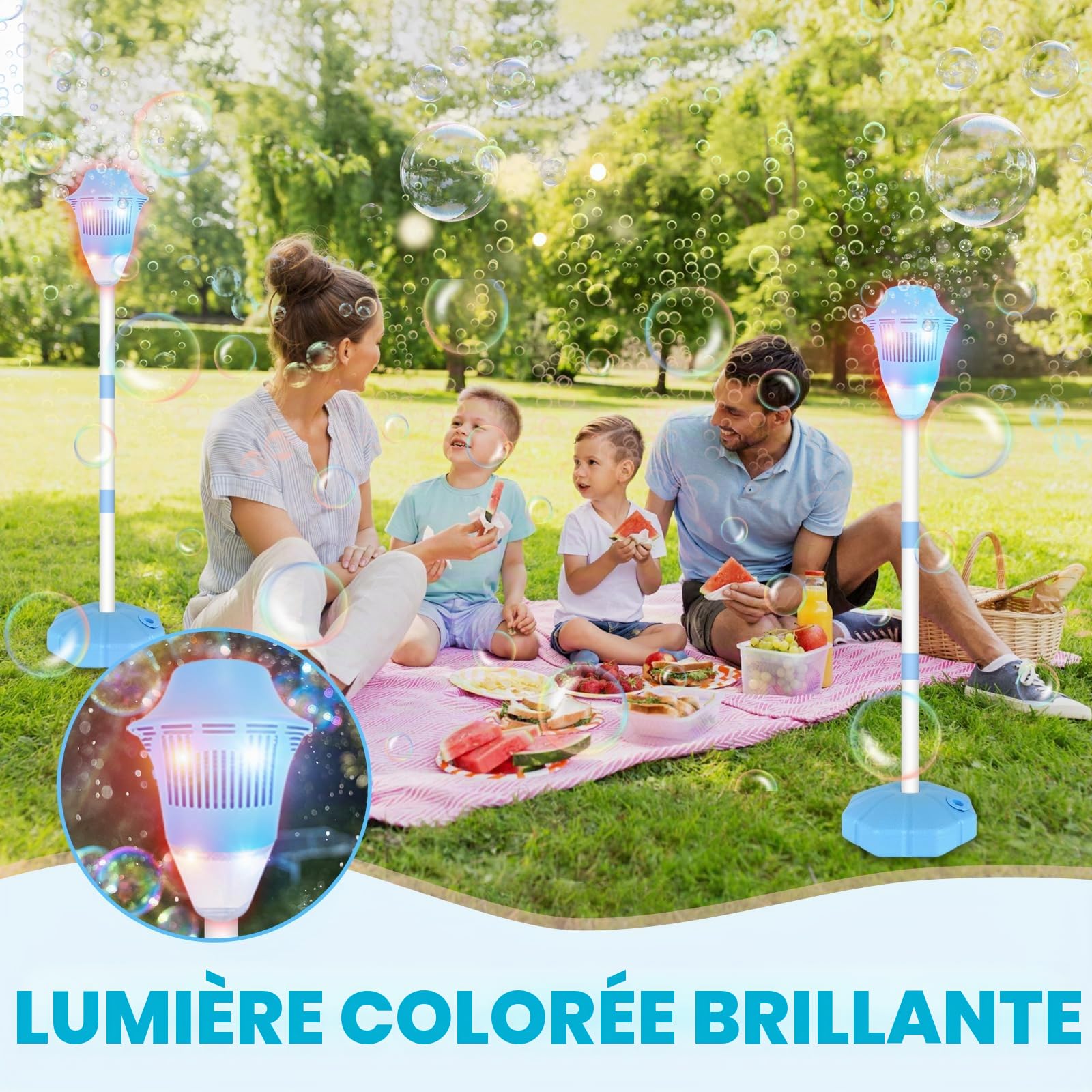 Machine à Bulles Automatique,Machine à Bulles sur Pied,Soufflante à Bulles pour Enfants,Garden Bubble Torch with Light and Music, pour S'amuser en Plein Air,Fêtes,Evénements et Divertissement
