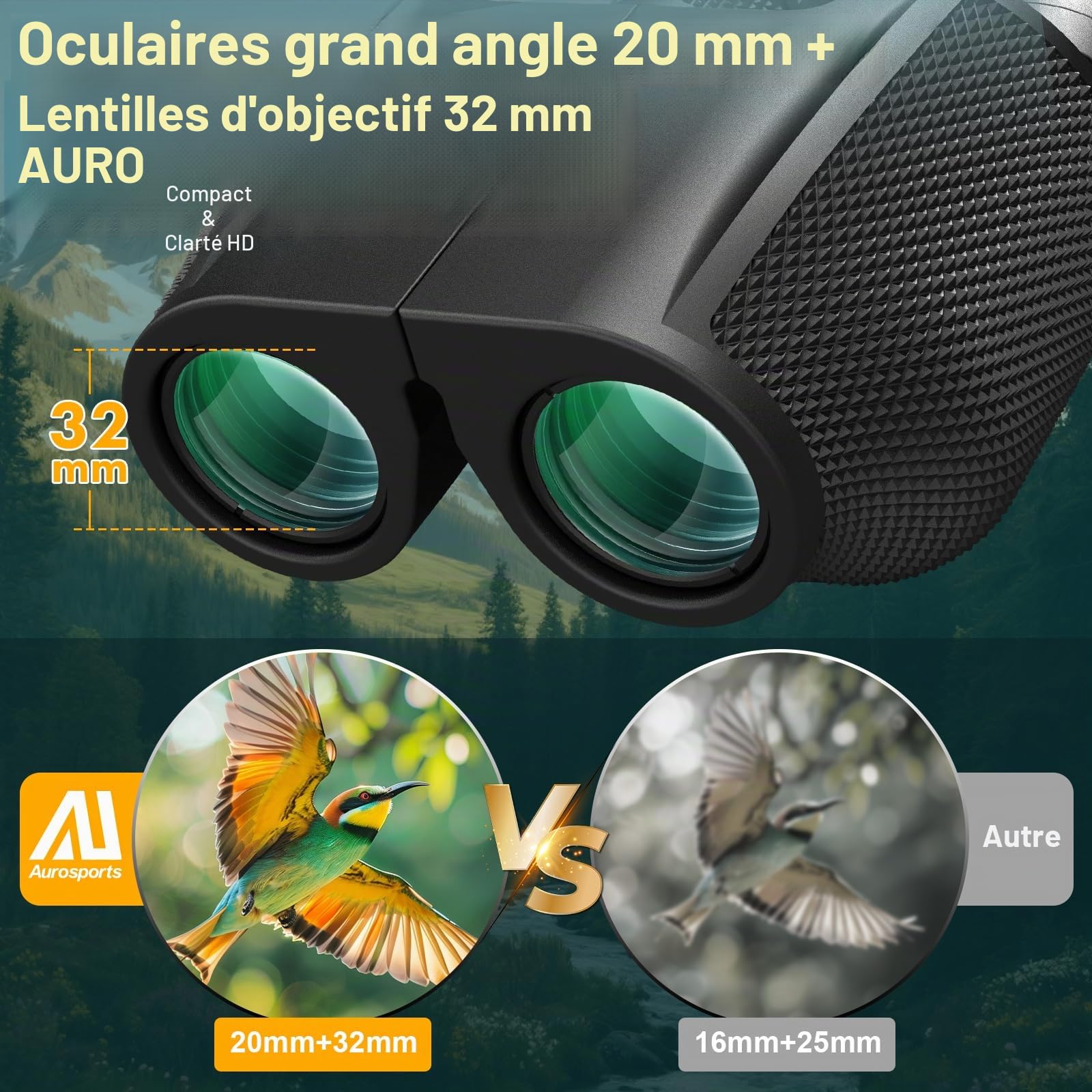 Aurosports Jumelles 12 x 32 pour adultes et petits enfants - Compacts et haute définition jumeau idéaux pour l'observation des oiseaux, les voyages et la chasse
