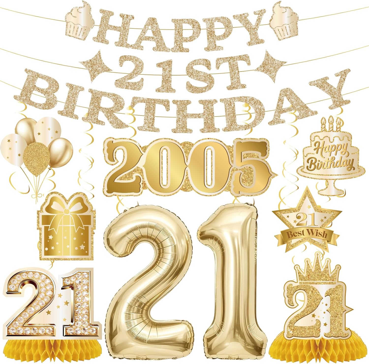 Gold Happy 21st Birthday Decorations - 21Pcs 21 Birthday Party Supplies with Pre-Strung Banner, Vintage 2005 Table Centerpieces, Big 21 Number Balloons Kit for Her Him