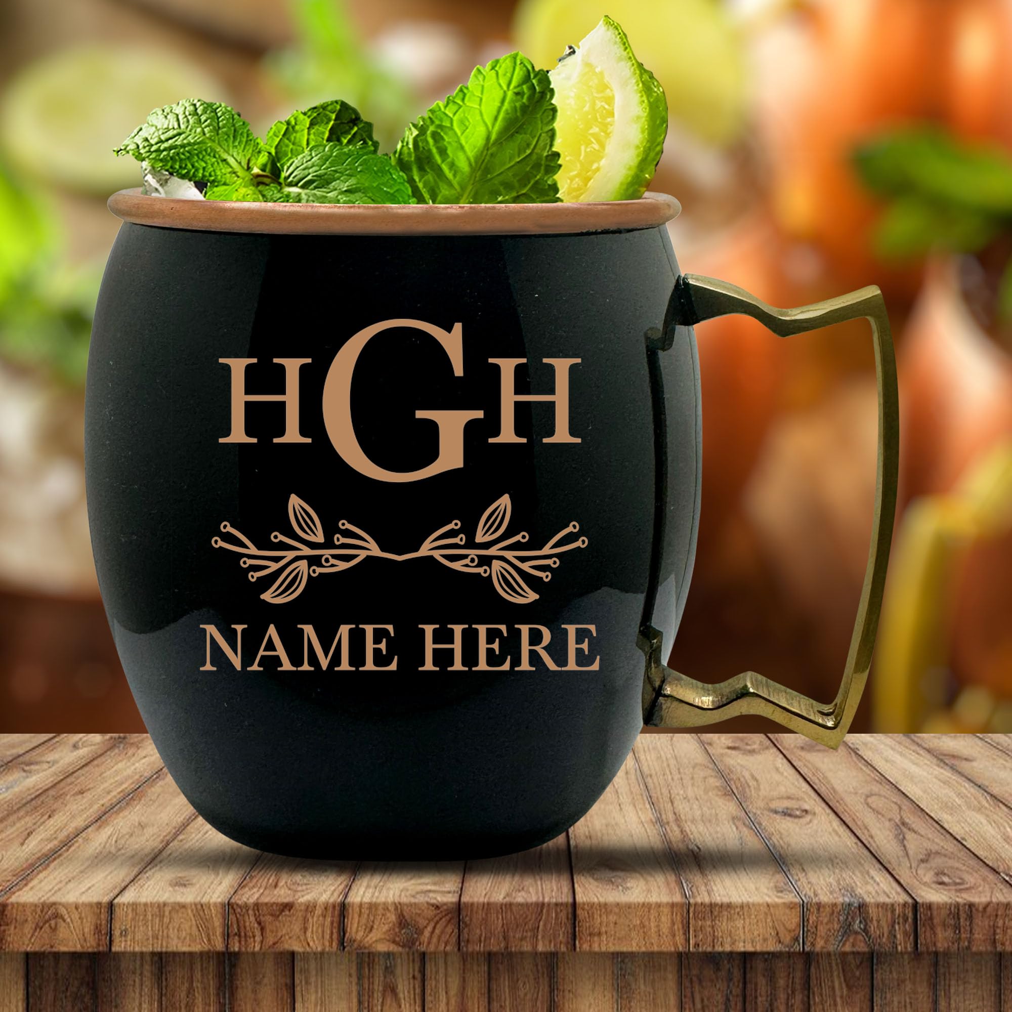 Custom 100% Copper Moscow Mule with Smooth Painted Finish - Engraved Bar Style Copper Cup with Personalized Floral Lines Monogram Themed Engraving, Brass Handle | 18 oz, Black | Set of 4