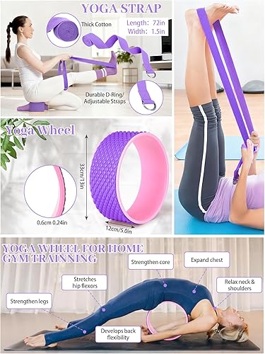 Miniatura 4 de 17 piezas de kits esenciales de yoga para mujeres, juegos de equipos de pilates para principiantes con rueda de yoga, bloques de pelota, bandas de