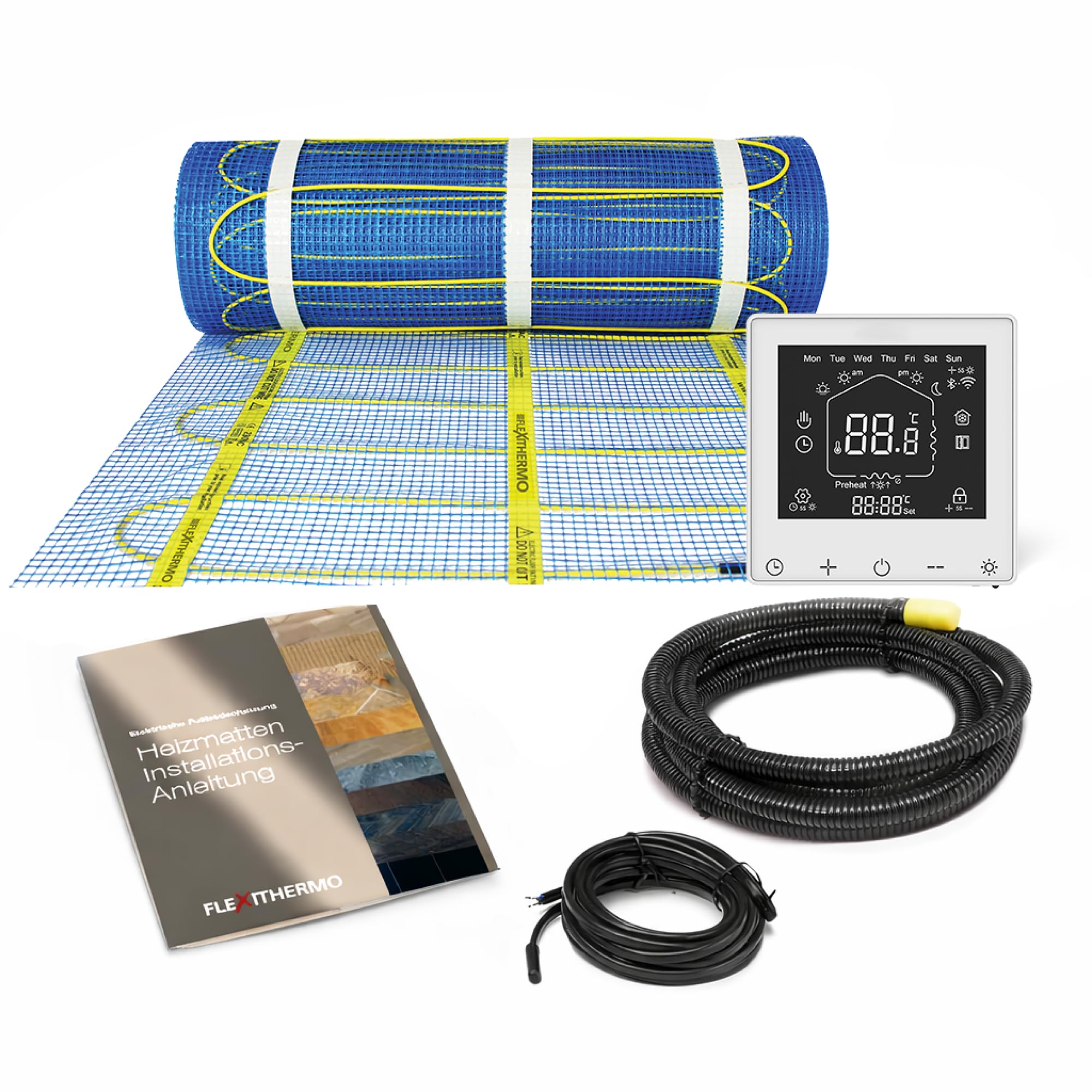 Flexithermo™ Standart elektrische Fußbodenheizung Komplett-Set I Heizleistung 150 W/m² (9,0m x 0,5m; 4,5m²) Fußbodenheizung elektrisch f. Böden aller Art I inkl. Digital-Thermostat mit Wochenprogramm