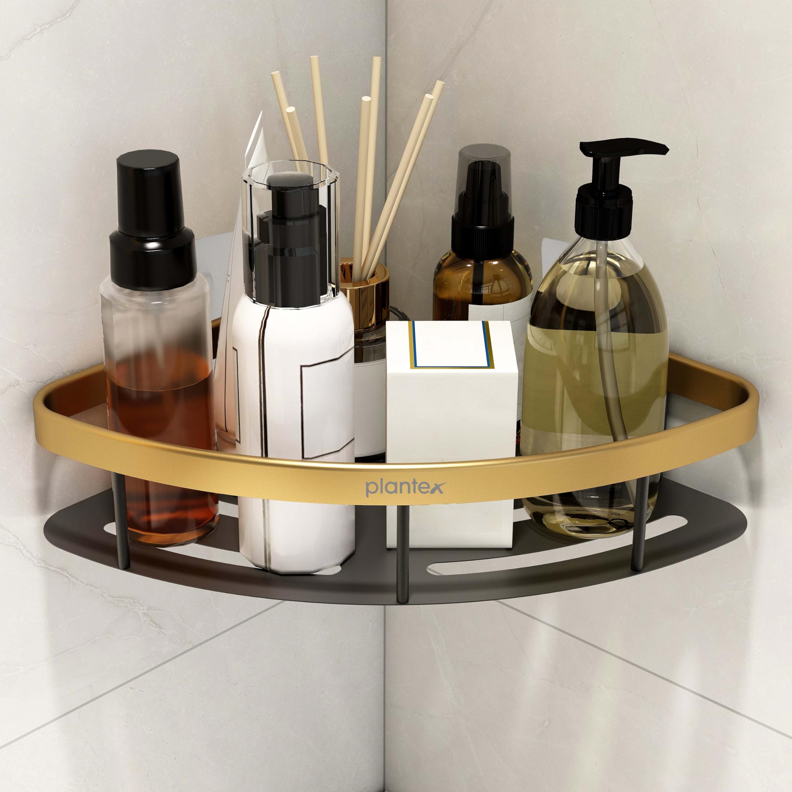 Plantex Self Adhesive Bathroom Corner Shelf/Aluminium Wall Mounted Rack for Kitchen Corner with Golden Railing & Magic Stickers/Bathroom Accessories (9x9 inches, Gold & Black)