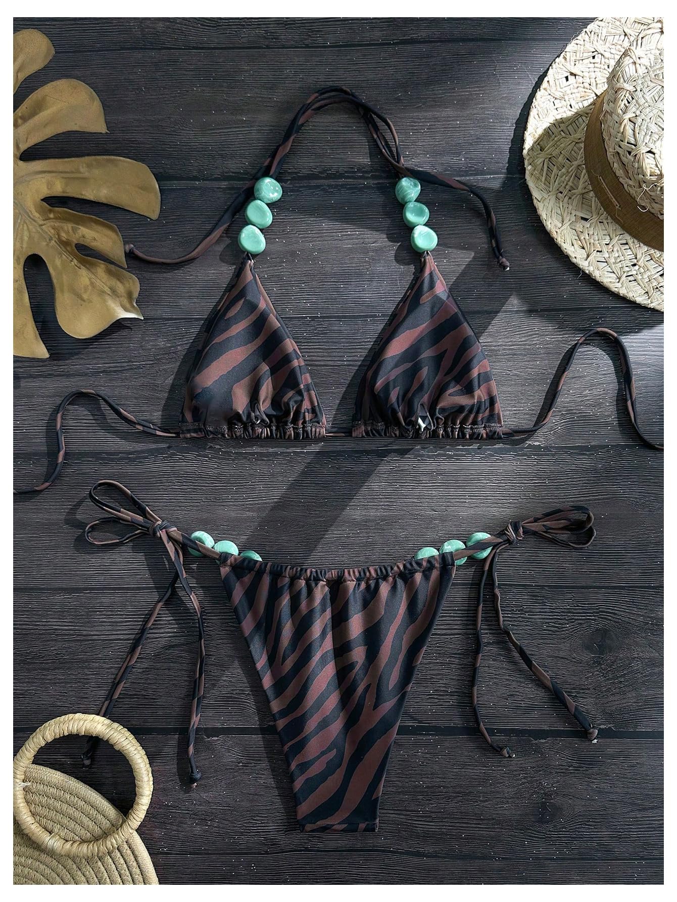 Set Bikini da Donna 2 Pezzi Costumi da Bagno A Triangolo con Scollo all'Americana A Righe Costumi da Bagno Costumi da Bagno Marrone Grande