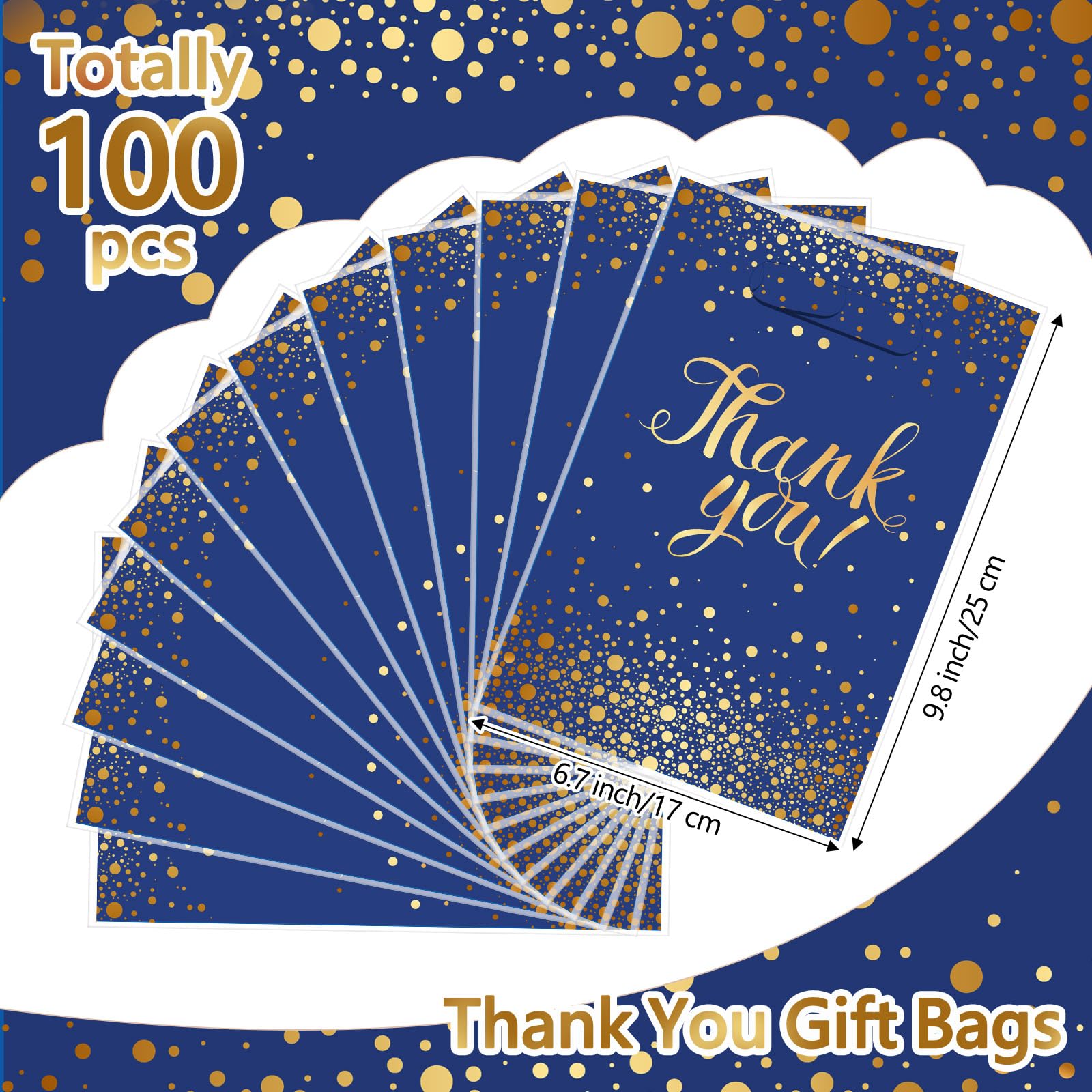 Pajean 100 Pack Thank You Gift Bags - Black & Gold Plastic Bags With Handles 6.7x9.8"