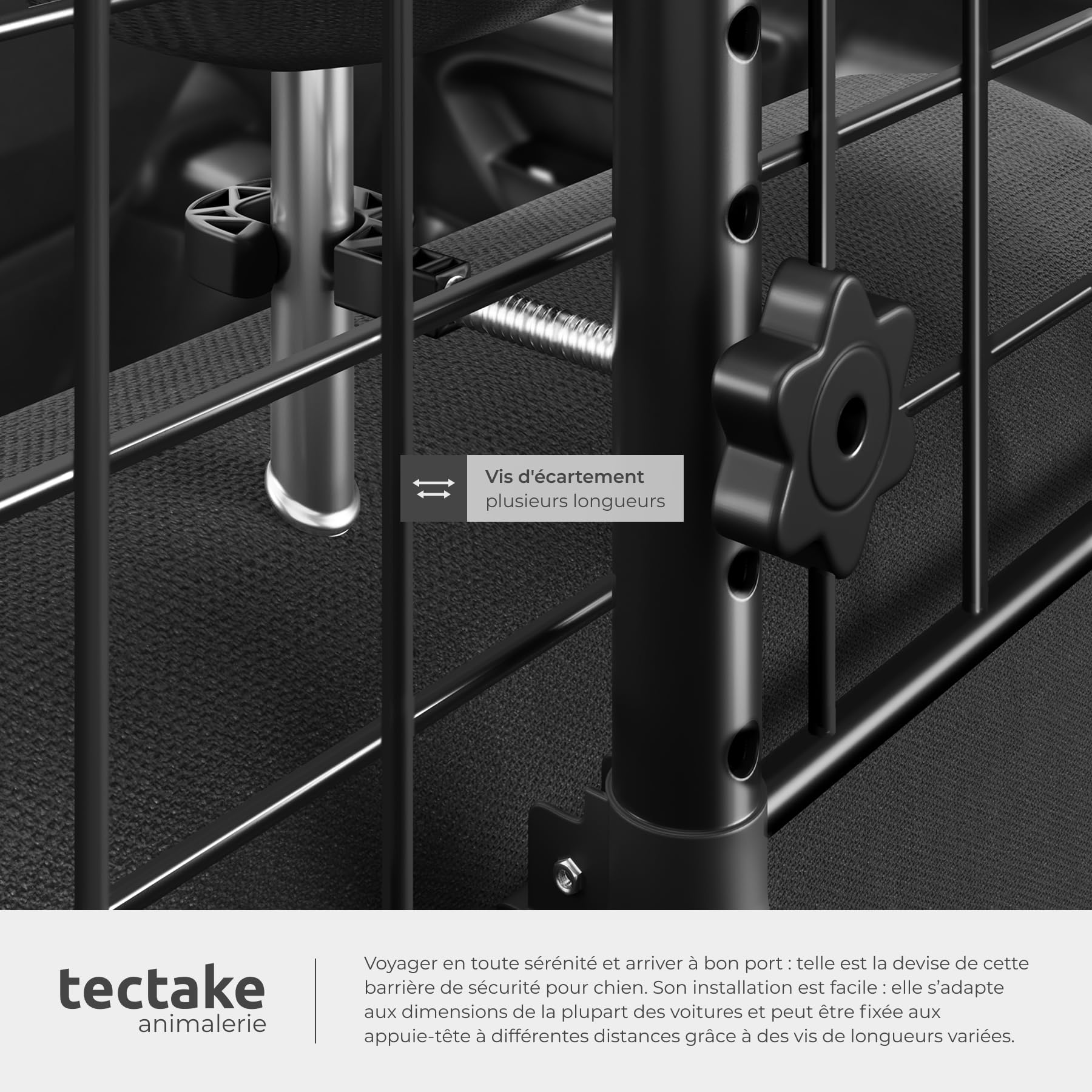 tectake® Barriere de securite Universelle pour Transport Chien Voiture Grille de Protection Voiture portable, Largeur réglable 91,5 à 154 cm, 2 ceintures incluses, Cloture Chien Accessoires pour Chien