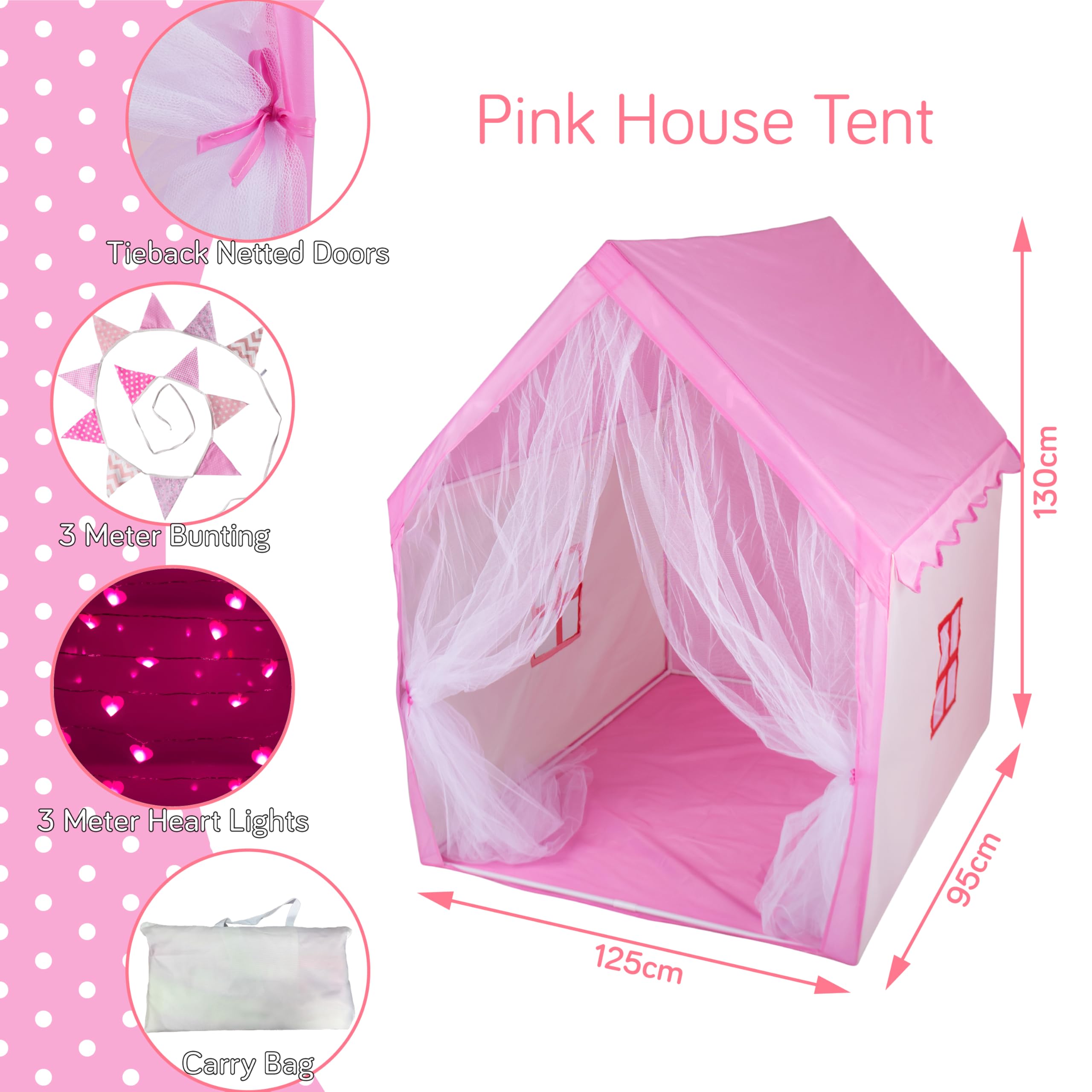 RELSY Pink Princess Tent | Cosy Pink & Cream Kids Playhouse For Activities | Includes 3 Metre Pink Heart LED Lights & Bunting| 125 x 130 cm Kids Pink Play Tent House/Pink Tent - Image 2