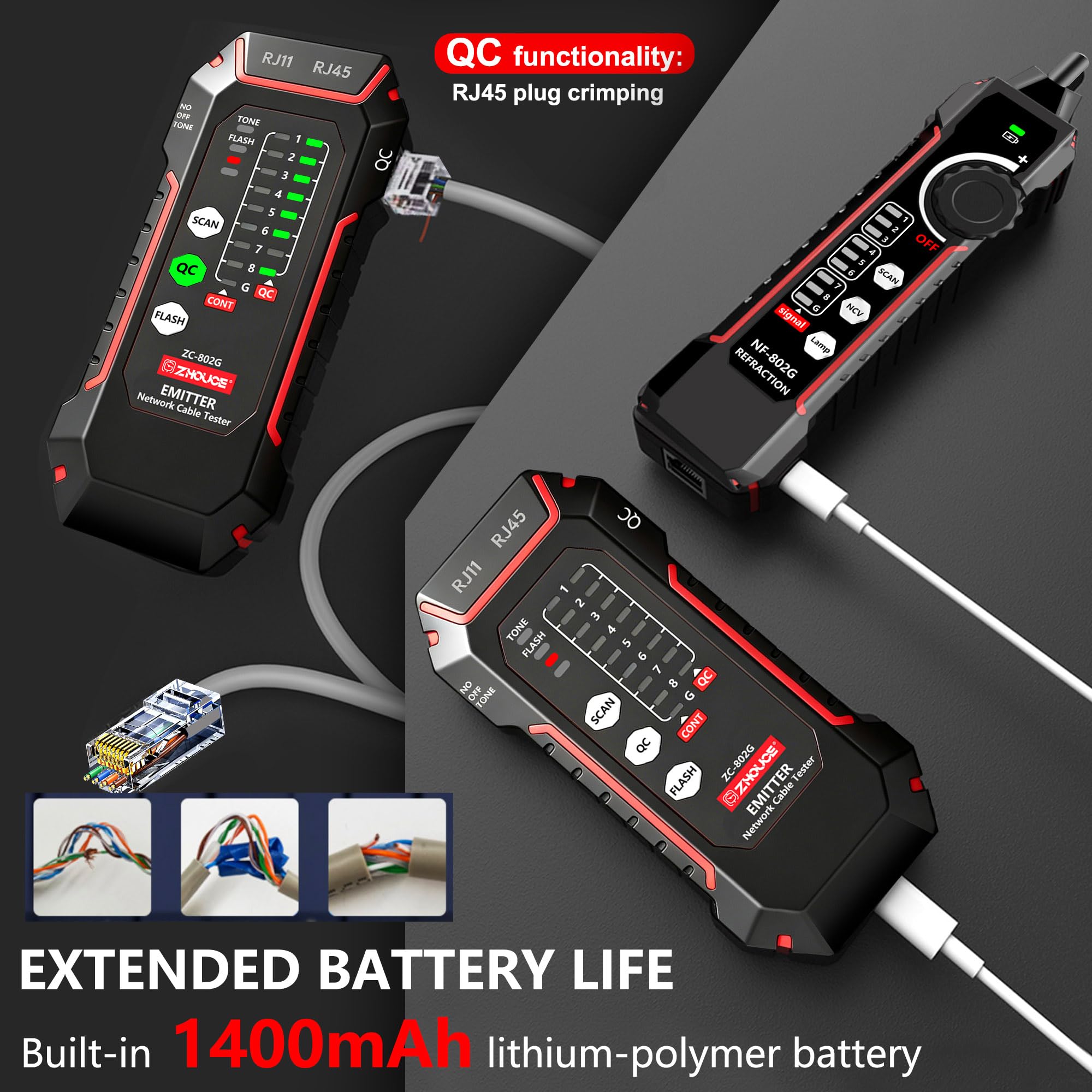 NOYAFA Probador de cable de red NF-8209 Probador de Ethernet con PoE NCV Multi-Función Line Tracker LAN CAT5 CAT6 Tracker Pantalla LCD Medir Longitud Wiremap Tester