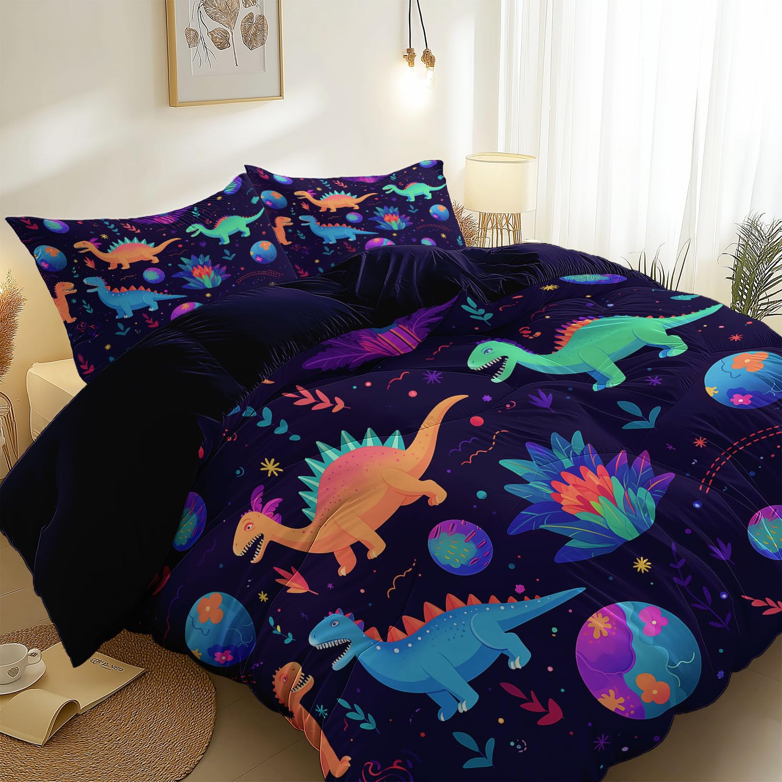 Illustration Fantastique Parure de Lit 140 x 200 cm, Cartoon Univers Dinosaure Étoiles Douce Microfibre Housse De Couette avec Fermeture Éclair et Taies d'oreiller, Violet Foncé