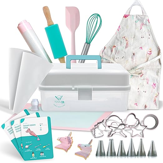 Tovla Jr. Kids Baking Gift Set with Storage Case - Unicorn Baking Gift Set for Kids-Real Kids Cooking and Baking Utensils for Cookie, Cupcakes and Decorating