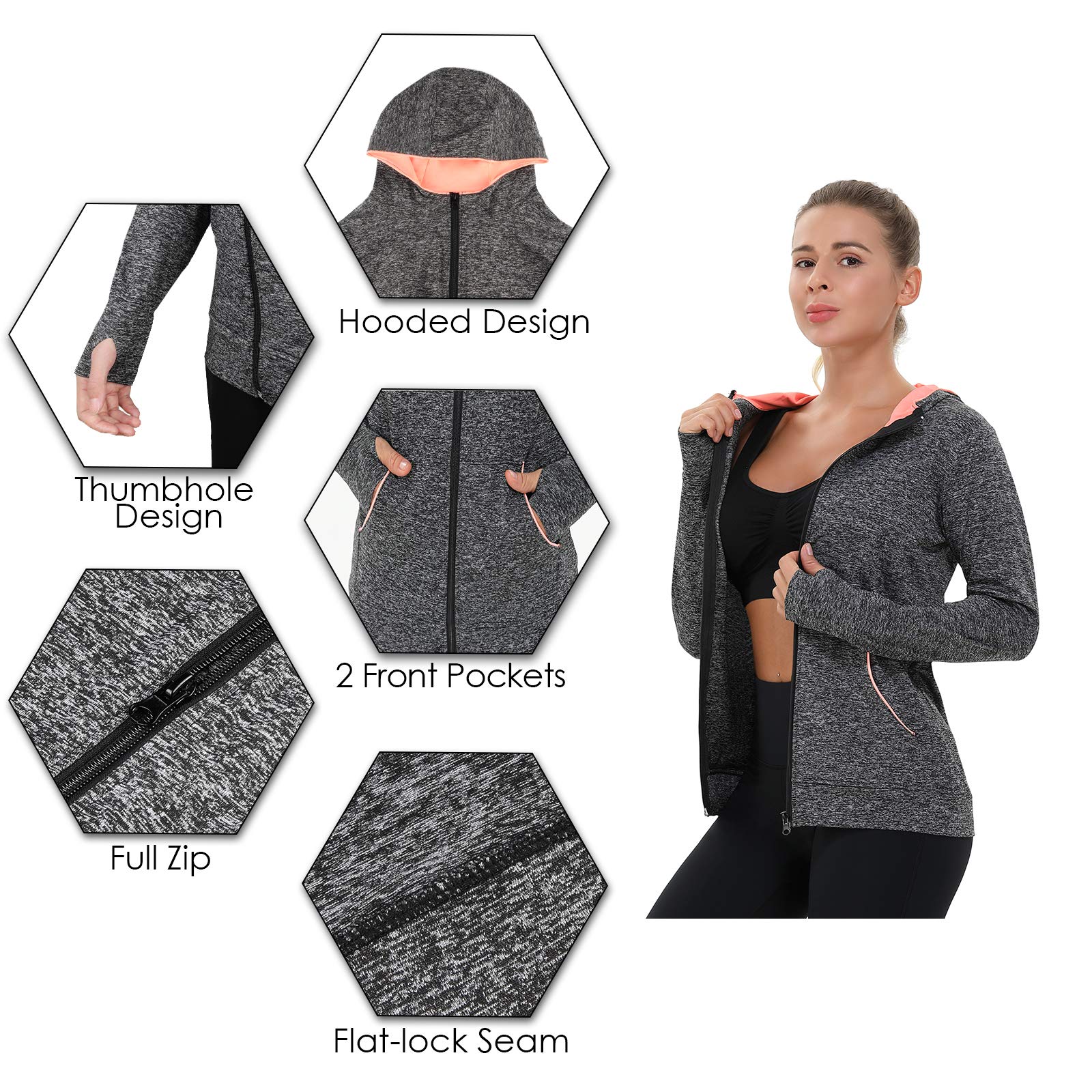 AMZSPORT Chaqueta Deportiva Mujer, Sudadera Capucha Running Cremallera con Bolsillos — view 4