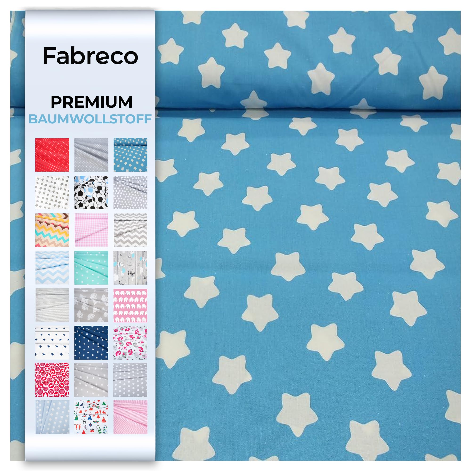 Fabreco - Baumwollstoff Meterware - 220g/lfm | Stoff Meterware mit Muster: Große Sterne blau 4cm | Weich, langlebig & hautfreundlich