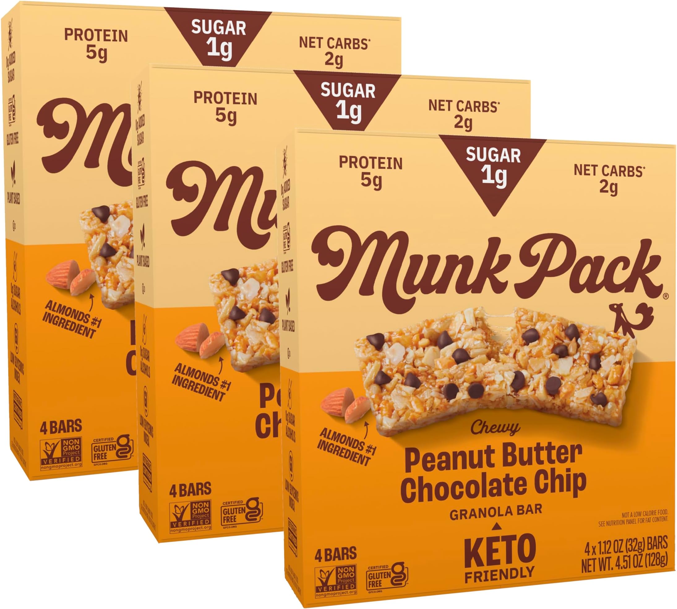 Munk Pack Chewy Granola Bars - 5g Protein, 1g Sugar with Allulose, 2g Net Carbs, Low Sugar, Gluten Free and Low Glycemic Snacks With Peanut Butter Chocolate Chip - 12 Pack