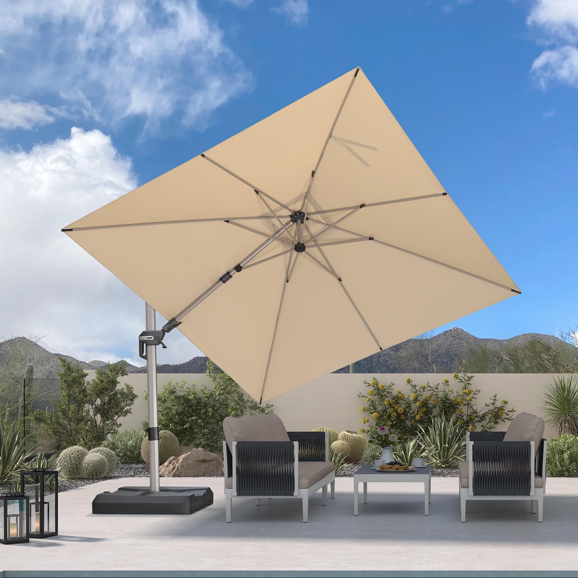 PURPLE LEAF Parasol Déporté 3 x 3 m Carré, Inclinaison Bilatérale et Rotation à 360°, Parasol Résistant au Vent, 8 Baleines en Aluminium Champagne, Toile anti-UV, Pour Patio, Terrasse, Piscine, Beige
