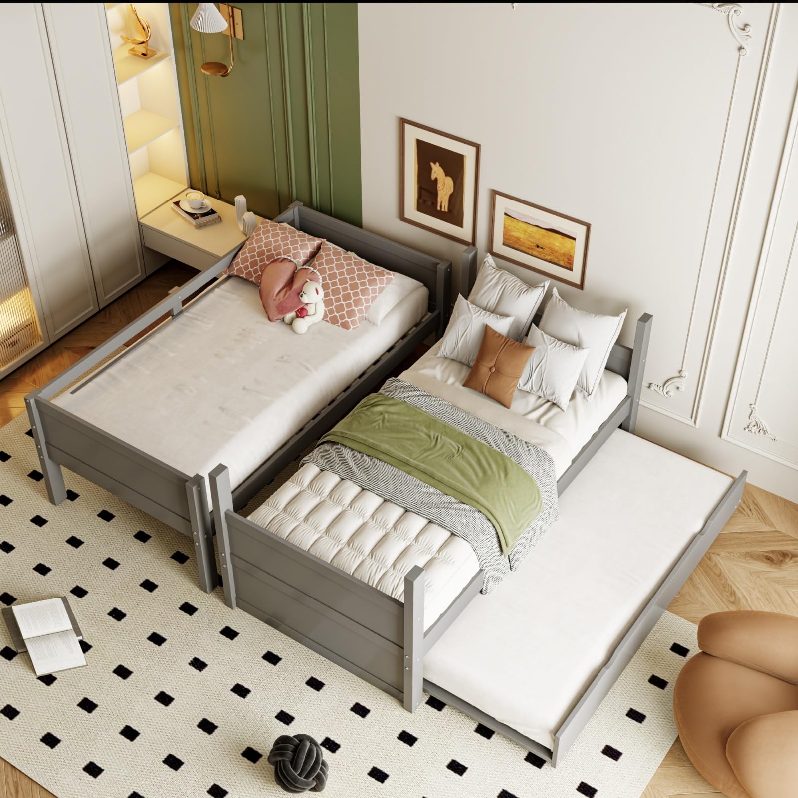 Lit Superposé 2 Places 90x200 avec Lit Gigogne,Convertible 3 Places