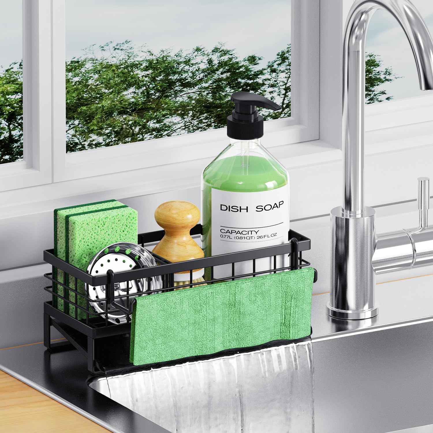 DYFVREN Self-Draining Kitchen Sink Caddy, Rustproof Non-Slip Sponge Holder with Detachable Dish Cloth Holder - Black