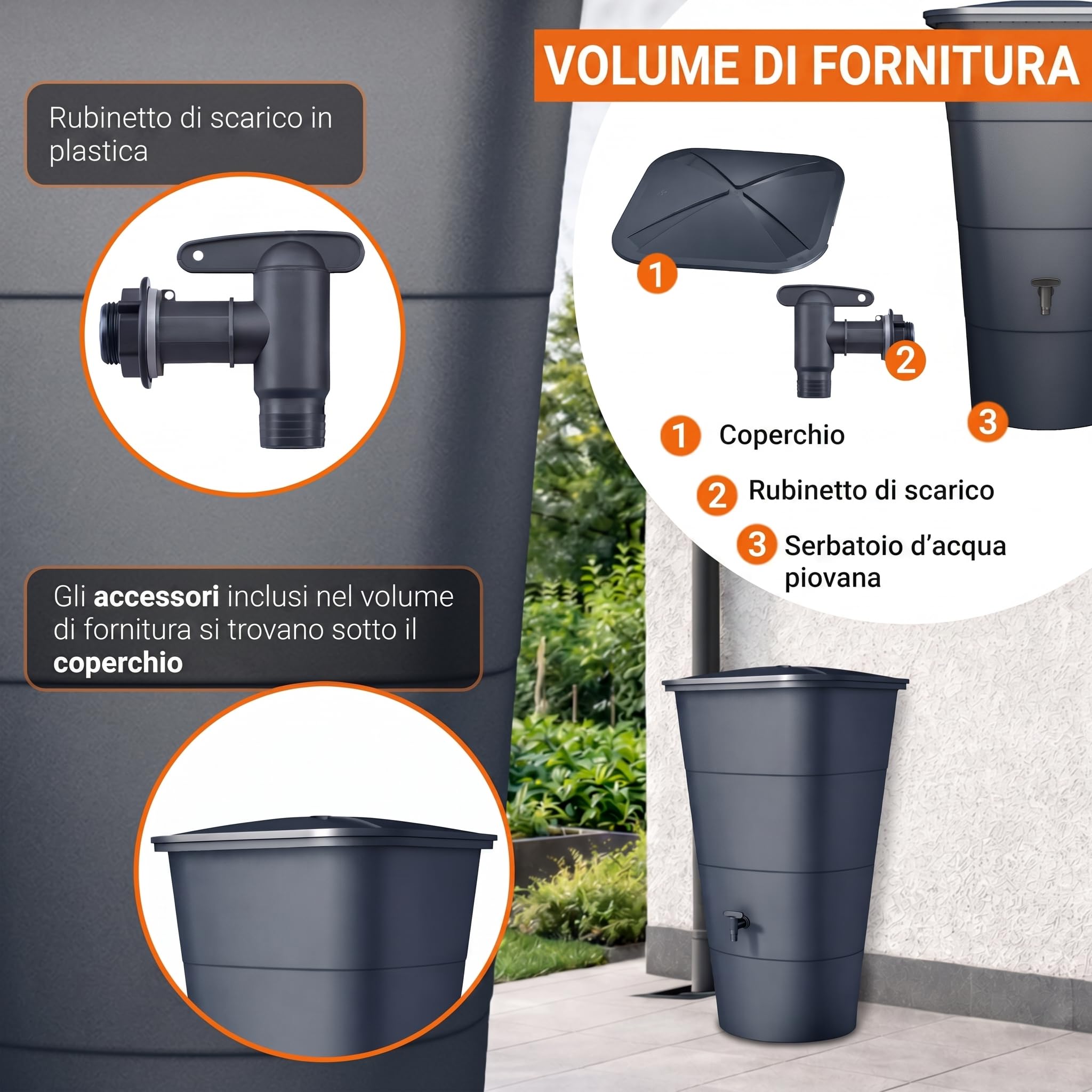 GARANTIA IBIZA serbatoio per acqua piovana quadrato 200 litri grigio grafite incl. coperchio e rubinetto - superficie elegante per parete e angolo - bordo rinforzato e base rotonda anti rigonfiamento