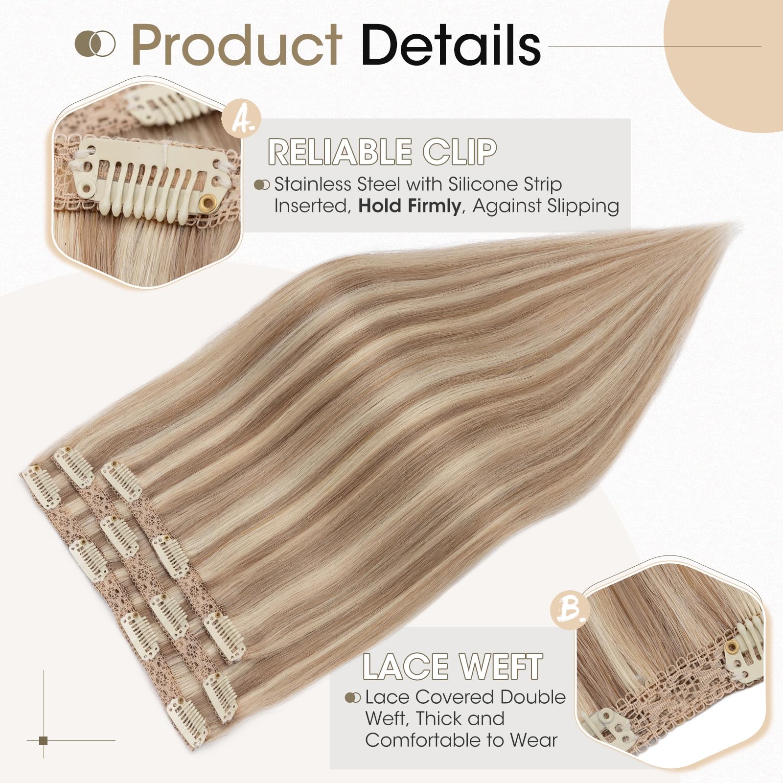 Elailite Clip In Hair Extensions Real Human Hair Remy #12/613 Golden Brown Mix Bleach Blonde Double Weft Seamless Hairpieces Straight 12 Inch (60 g) 60g 3 Pieces - Image 2