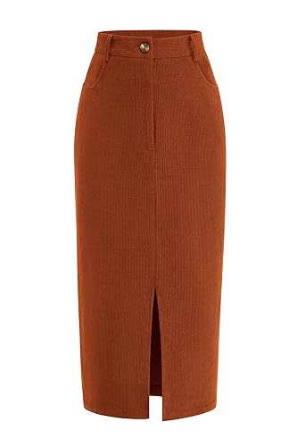 PRETTYGARDEN Corduroy Skirt Women Fall Fashion 2025 High Waisted Pencil Midi Skirts Winter Outfit - Caramel