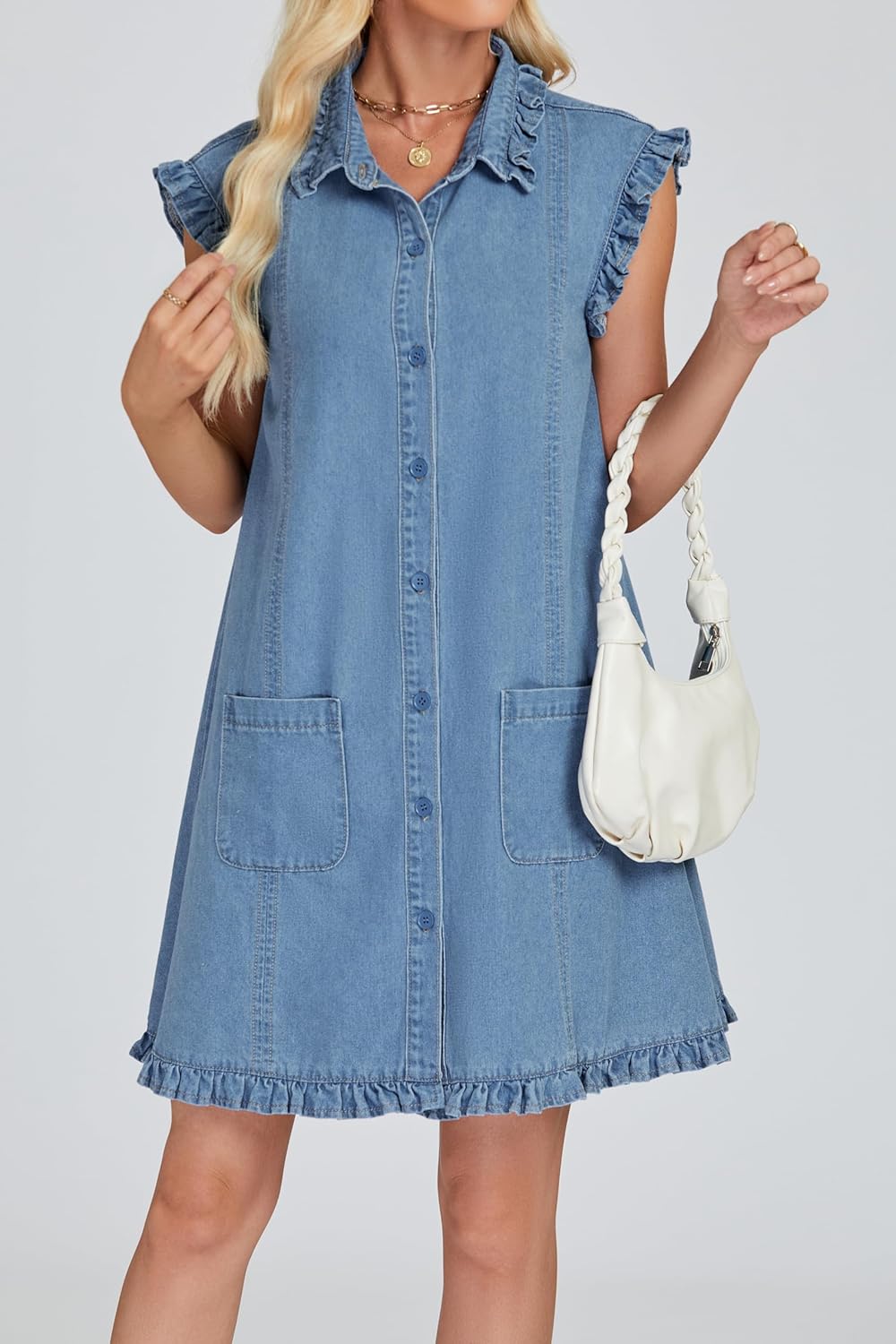 Denim Dress for Women Button Down Ruffle Sleeveless Blue Jean Dresses Summer Cute Short Mini Dress - Image 4