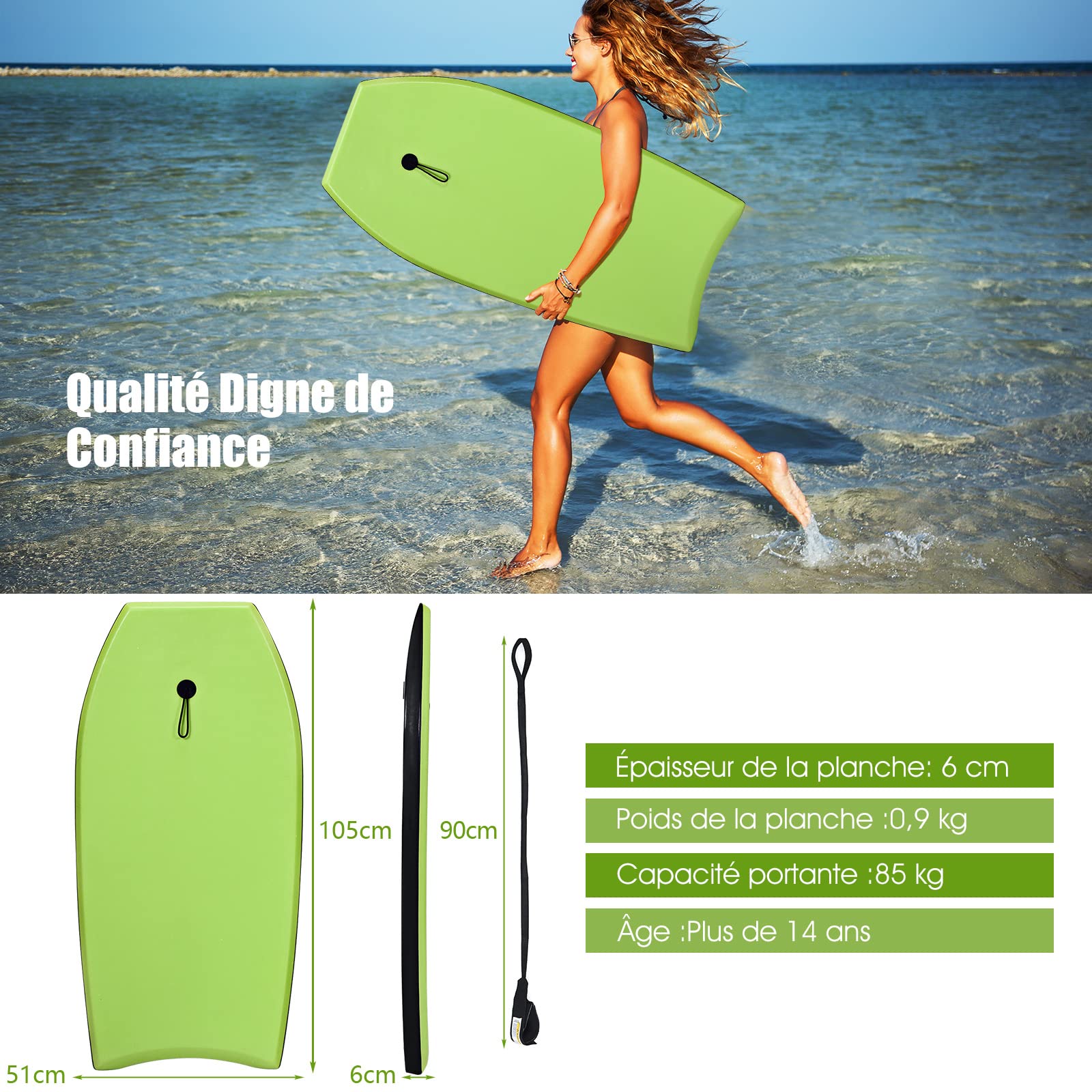 GYMAX Planche de Surf en XPE et HDPE Robuste, Charge Max 85 kg | Bodyboard Vert pour Plus de 14 Ans, 105×51×6 cm, Sangle de 90 cm et Motif de Crâne