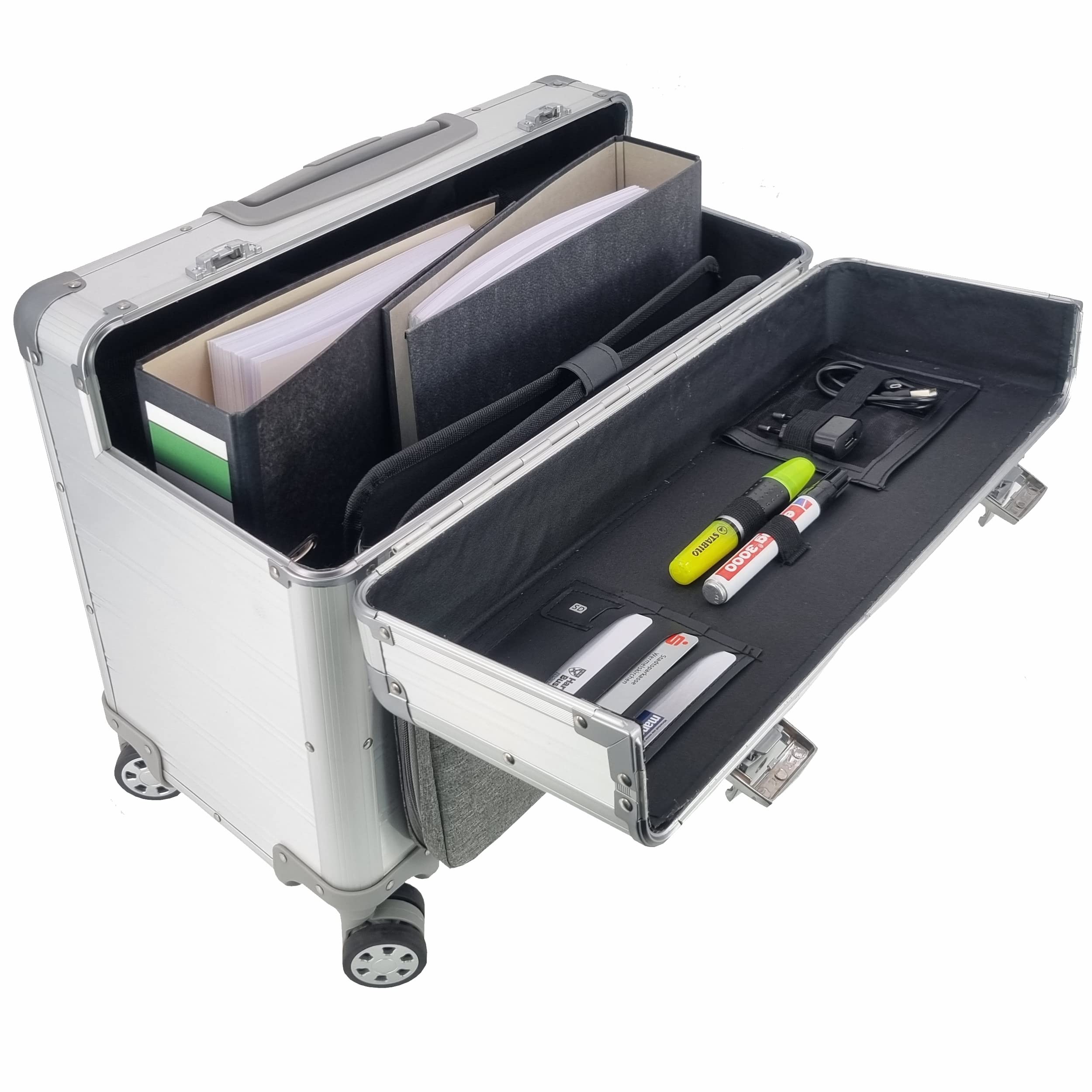 SONOVO Pilotenkoffer mit Vortasche mit Rollen mit Trolley Aluminium in Silber 45178 | Alukoffer, Aktenkoffer, Businesskoffer | Für den täglichen Geschäftseinsatz und für Kundentermine