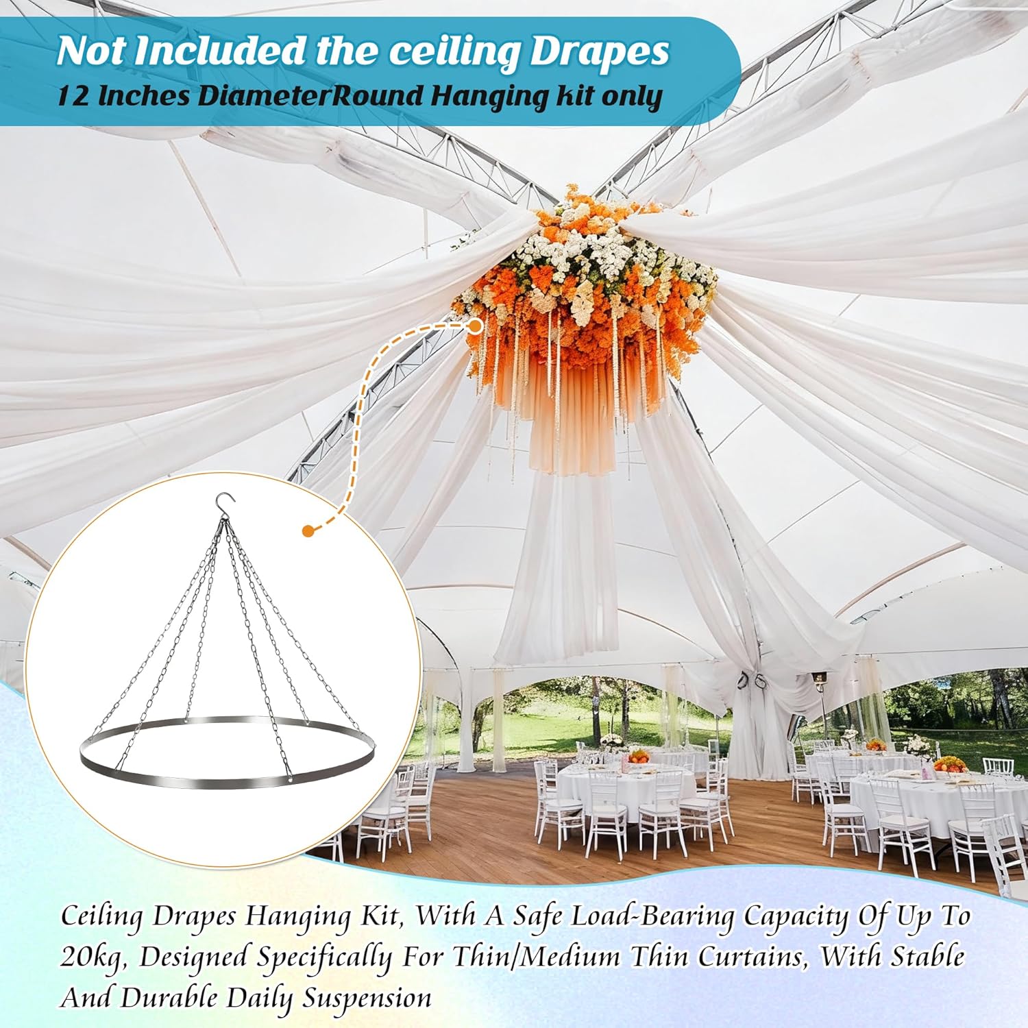 HOMAR 24inch Ceiling Drapes Hanging Kit, Silver Metal Ceiling Canopy Hoop Hardware Kit, for Wedding Party Ceiling Hanging Fabric Indoor Outdoor Decoration Round