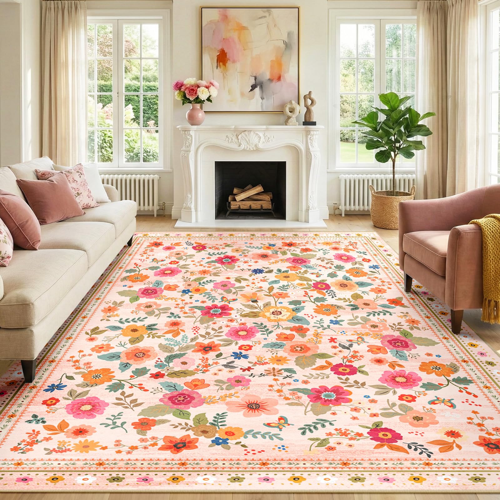 INOVADAY Waschbarer Teppich Boho Stil Kurzflor rutschfest Blumen Print Design Teppich für Wohnzimmer Schlafzimmer Esszimmer Büro Küche Flur Eingangshalle Badezimmer