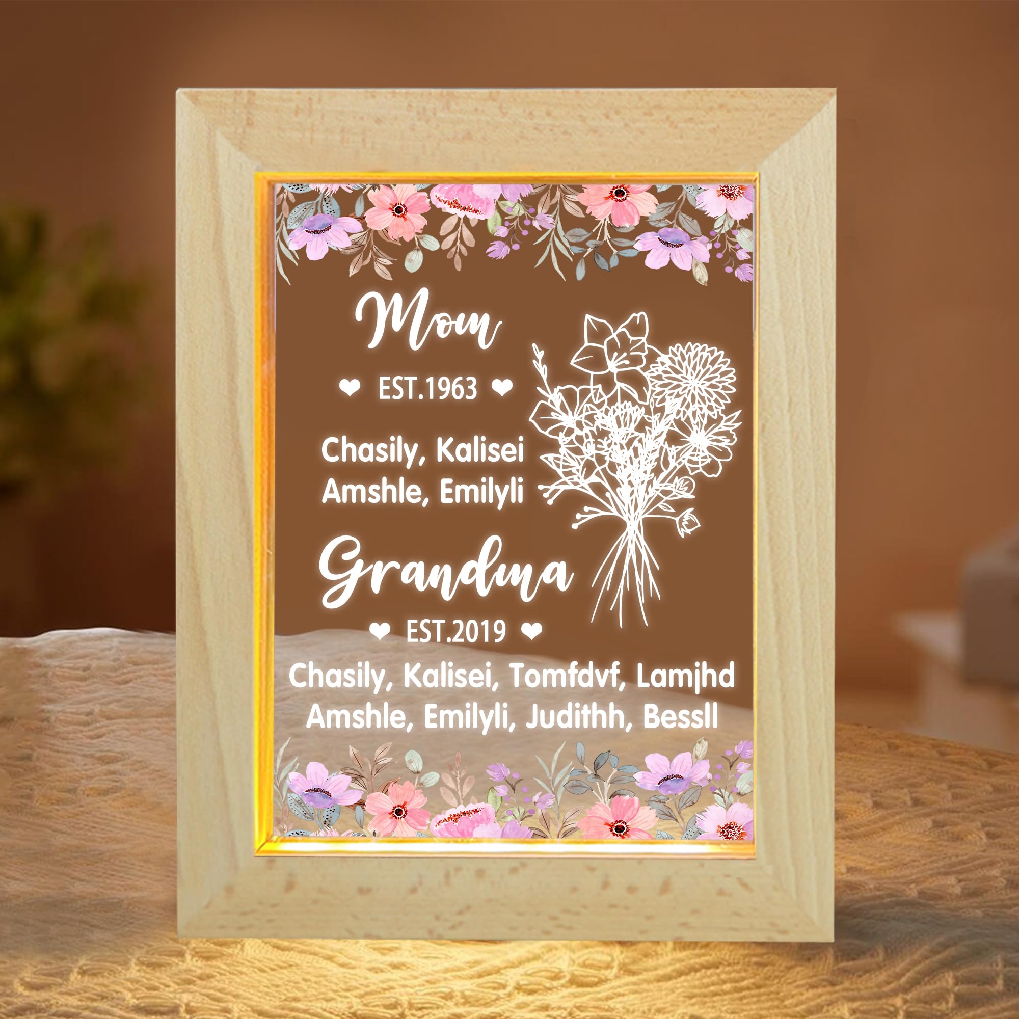 BFHEFGSUU Personalised First Mom Now Grandma Night Light Custom 1-10 Names Birth Month Flower Grandma's Garden Sign Family Acrylic Lamp Romantic Gift for Grandma Mothers Day Birthday (Style 16)