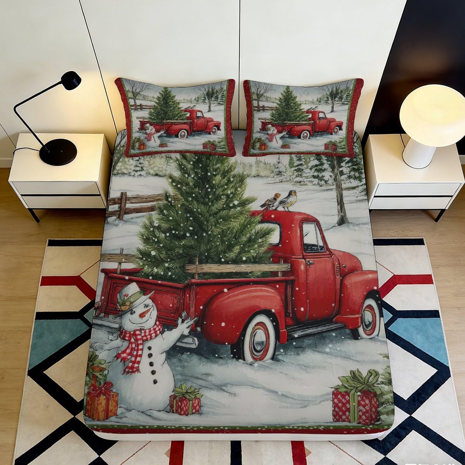 Pnayamiorkfel Style-8 3D Printed Red Vintage Truck Christmas Tree Fitted Sheet Microfiber Snowman Bed Cover Anti-Slip Machine Washable For Bedroom Guest Room 90X200x25cm