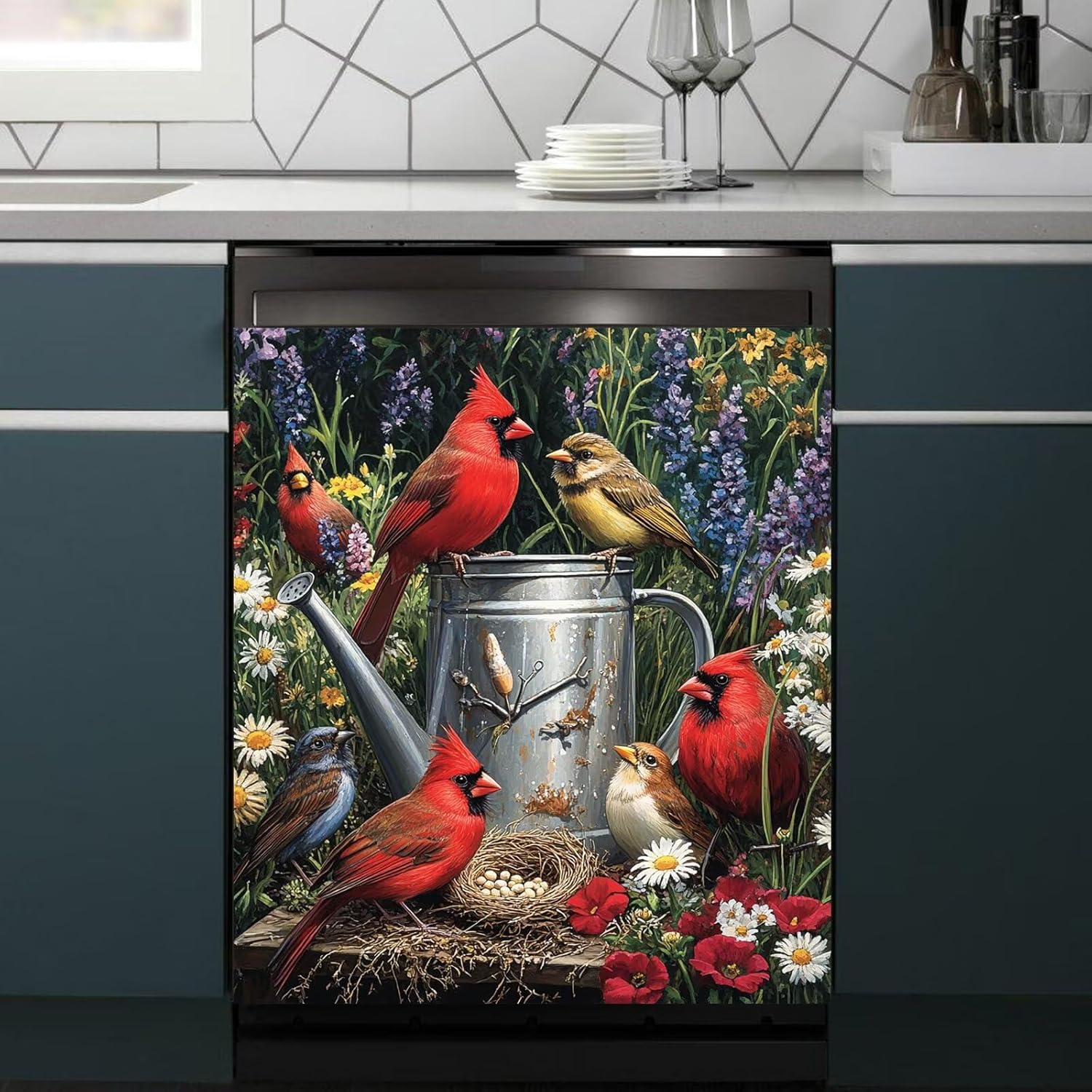 Red Birds Dishwasher Front Door Cover Magnetic Sticker, Retro Watering Can Fridge Magnetic Skins Cover, Garden Colorful Flowers Dishwasher Magnet Decor Cover, 23" x 26" Magnetic