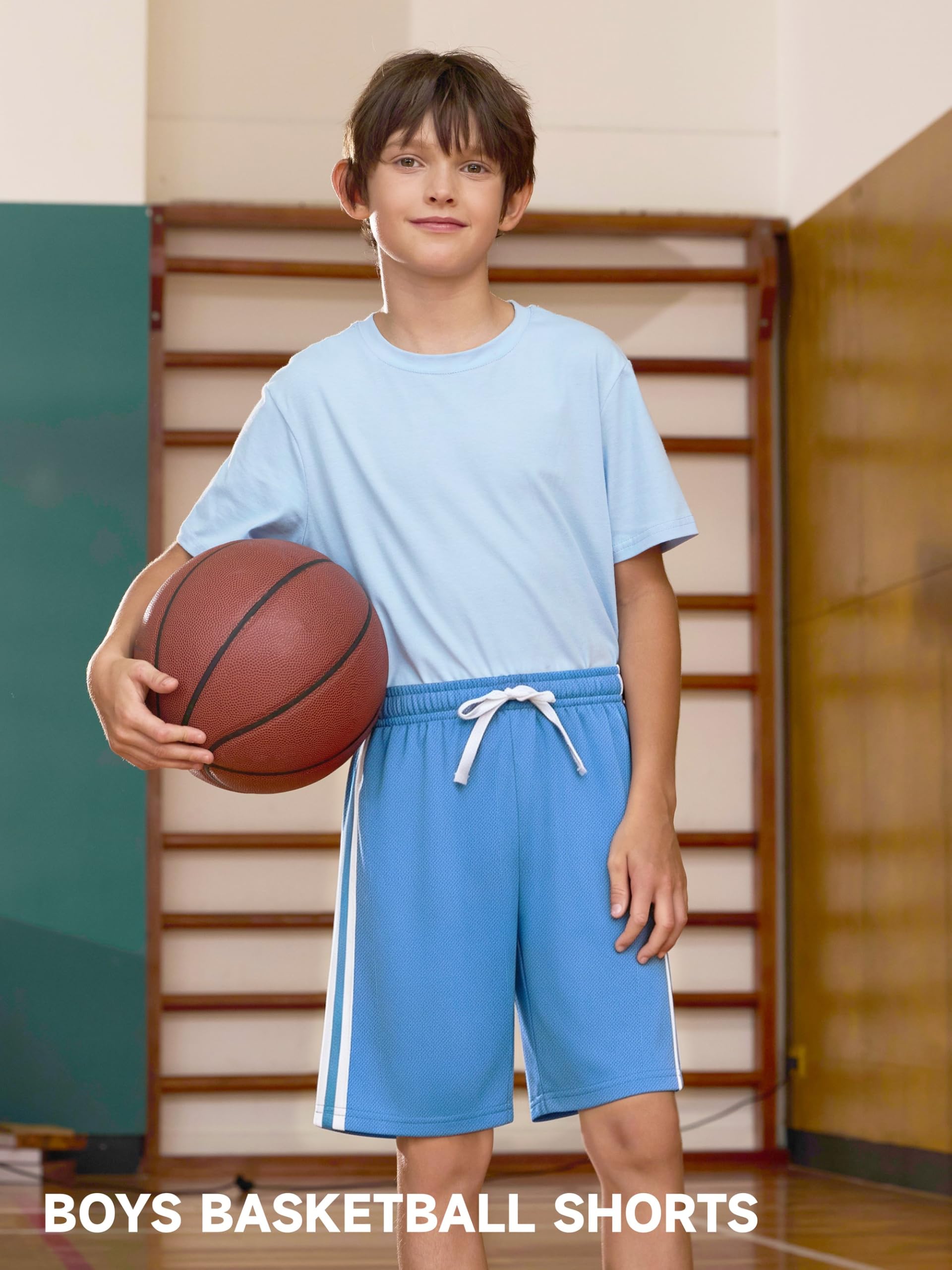YERIOK Sport-Shorts für Jungen, Netzstoff, für Kinder, Jugendliche, Basketball-Shorts, aktiv, schnell trocknend, Fitnessstudio, Sportkleidung mit Streifen, 6 Stück