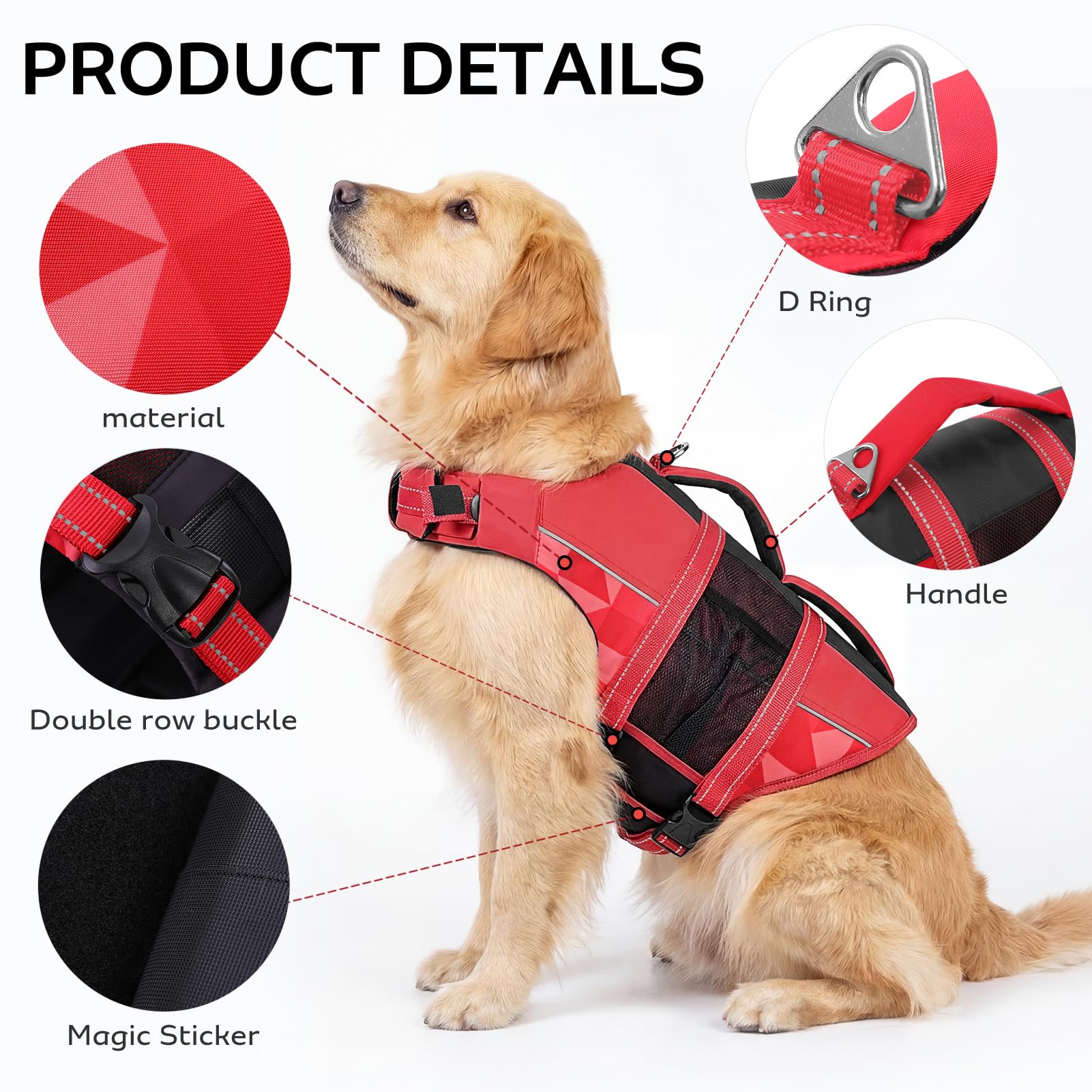 CITÉTOILE Schwimmweste Hund, Hunde Schwimmweste mit Griff und Reflektierend, Rettungsweste für Kleine Mittlere und Große Hunde mit Guter Auftrieb, Leicht und Sicher für Wassersport Rot M