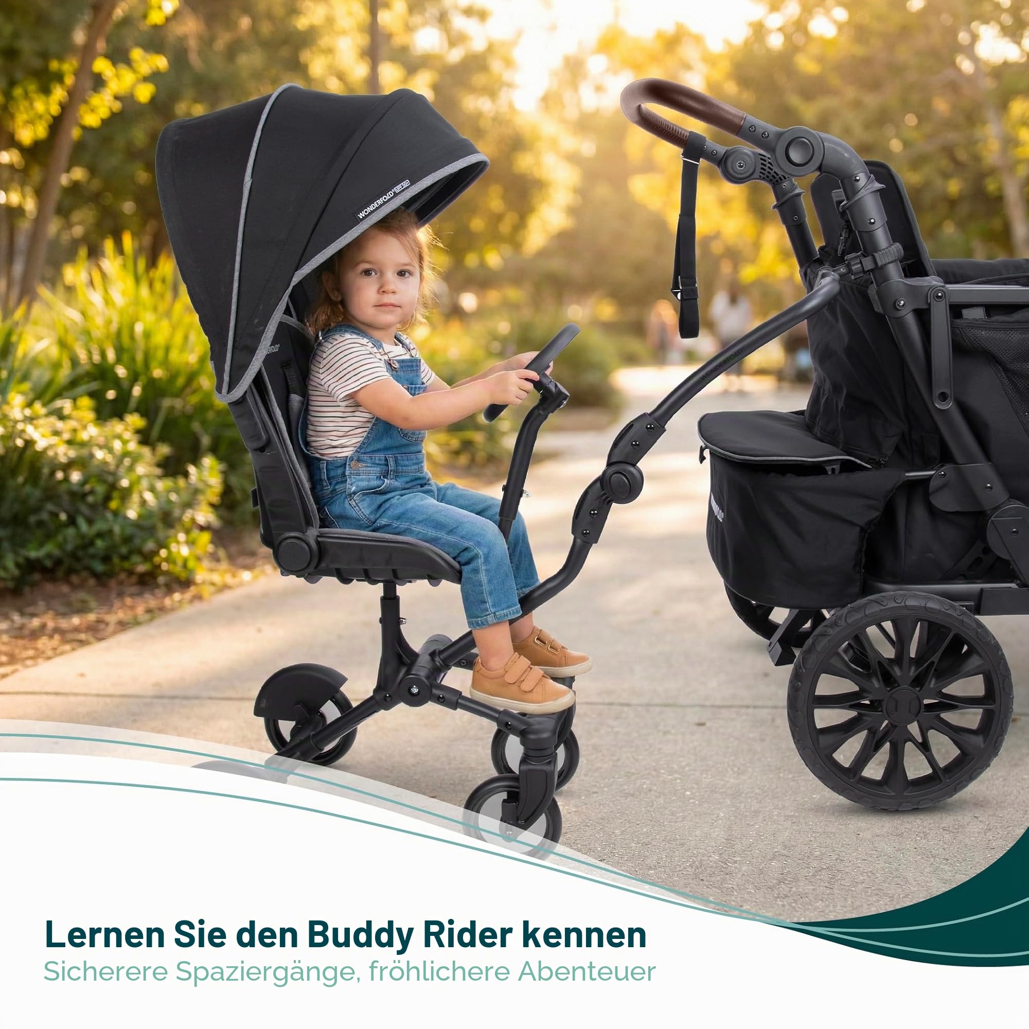 Wonderfold Buddy Rider Kinderwagen, faltbar, leichtes Design, verstellbarer Baldachin, Aufbewahrungskorb, Schwarz, 74,9x38,9x32,5 cm