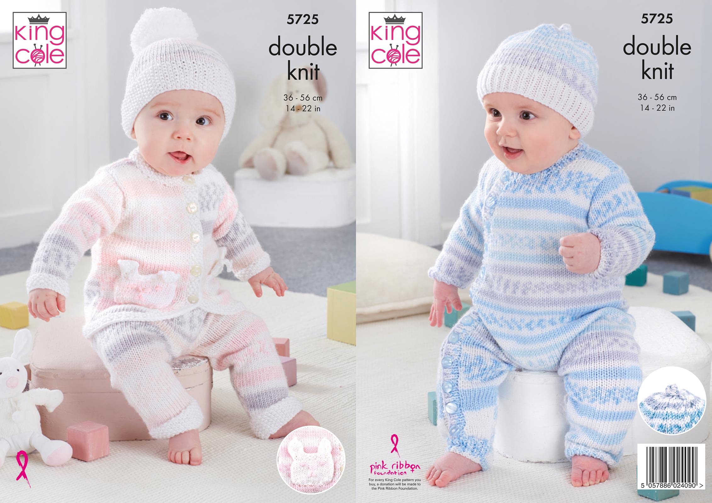 King Cole 5725 Knitting Pattern Baby Cardigan Trousers All-in-One Hats in Cherish and Cherished DK