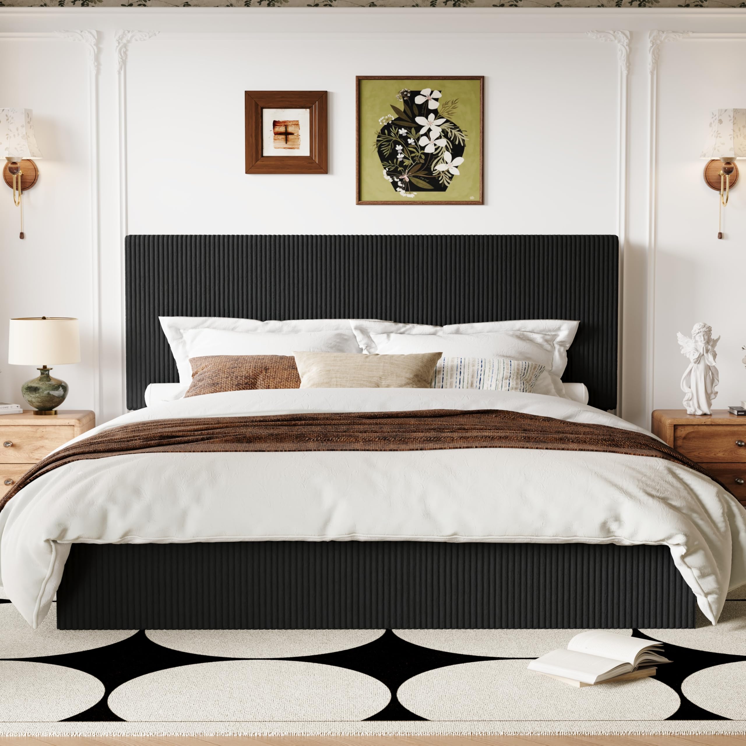 Allewie King Bed Frame, Upholstered Platform Bed, Adjustable Vertical Channel Tufted Headboard, Corduroy Fabric, Modern Low Profile, Wooden Slats, No