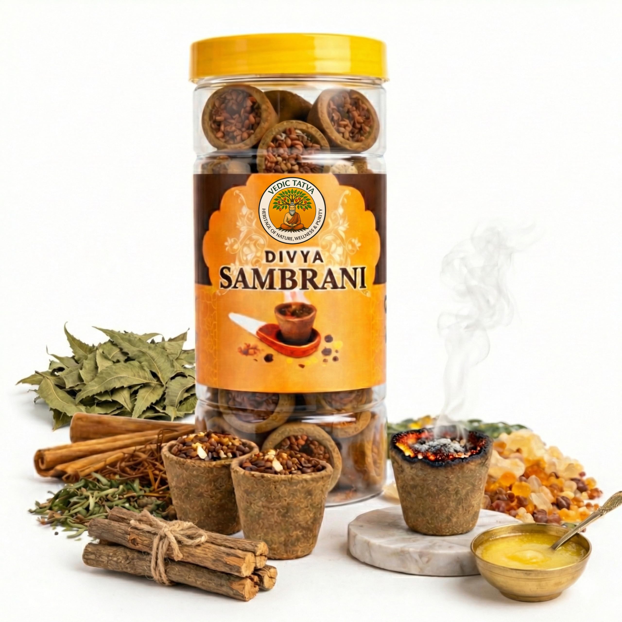 Divya Sambrani Dhoop Cups - Pack of 24 | Handcrafted Cow Dung Sambrani with 100% Pure Resin for Pooja Rituals | Charcoal-Free Safe Natural fragnance