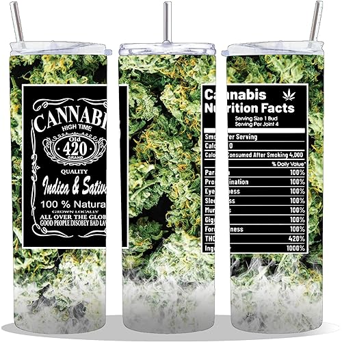 20 oz Insulated Double Wall Stainless Steel Tumbler with Spill Proof Lid and Reusable Straw, Water Bottle Coffee Cups Travel Mug, Smoke High Marijuana 420 Weed Cup Mug Tumbler (Cannabis1)