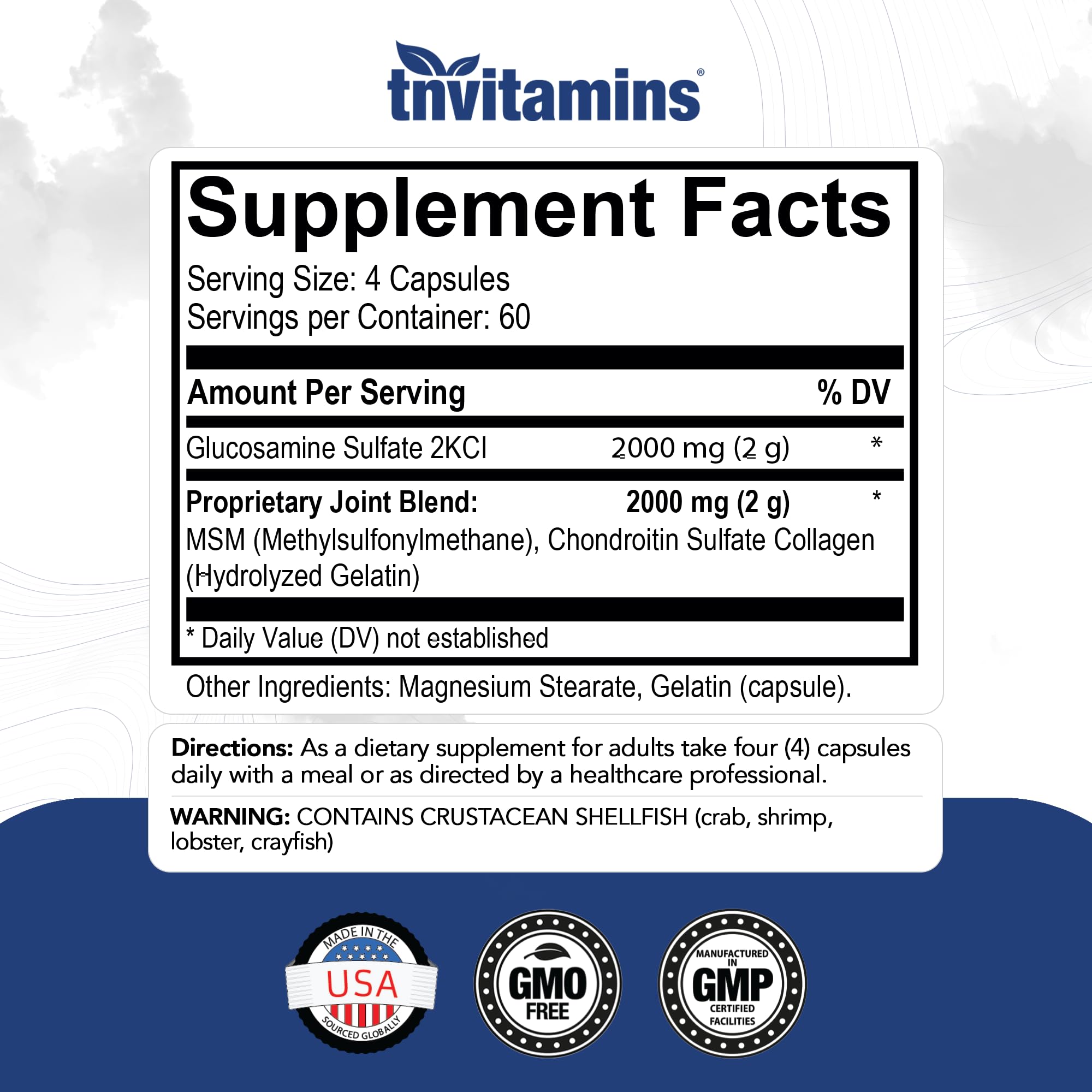 tnvitamins Glucosamine Chondroitin MSM, 240 Capsules, 4,000 mg Per Serving, Glucosamine Sulfate 2KCl, Joint Support Supplement for Men & Women — Amazon image 2