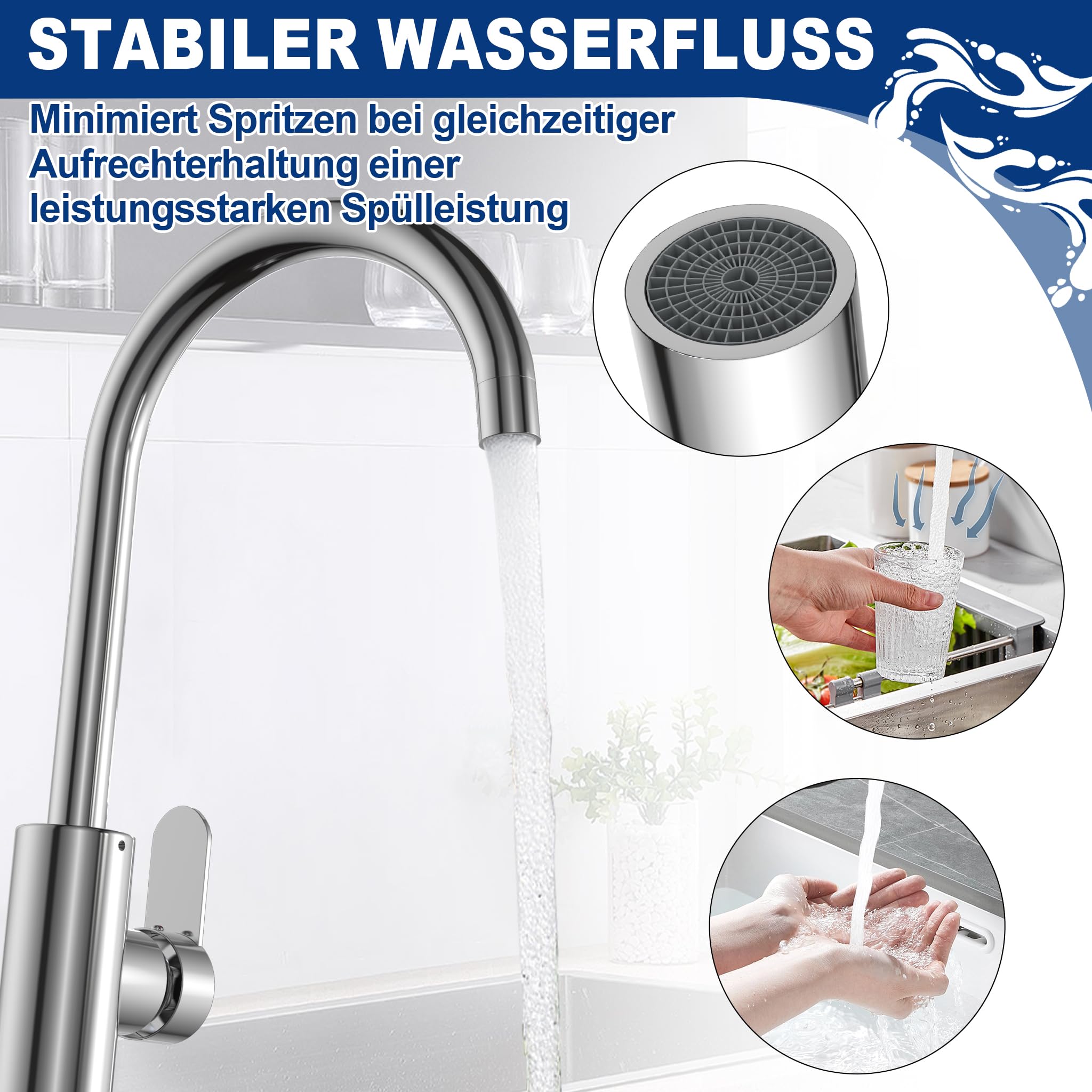 LZQ Wasserhahn Küche 360° drehbar, Armatur Küche aus Zinklegierung und Edelstahl, Hochdruck Mischbatterie für Spüle, Waschtischarmatur Bad, Küchenarmatur Wasserhahn Kompatibel