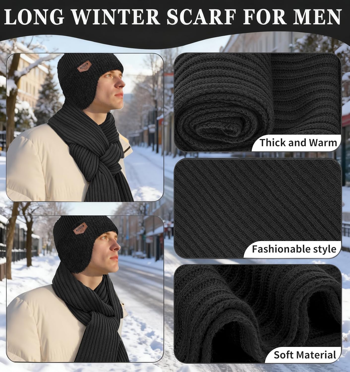 Mens Hat and Gloves Set, Warm Beanie Knit Long Scarf Fleece Lined Winter Hats Touchscreen Gloves for Men - Image 5