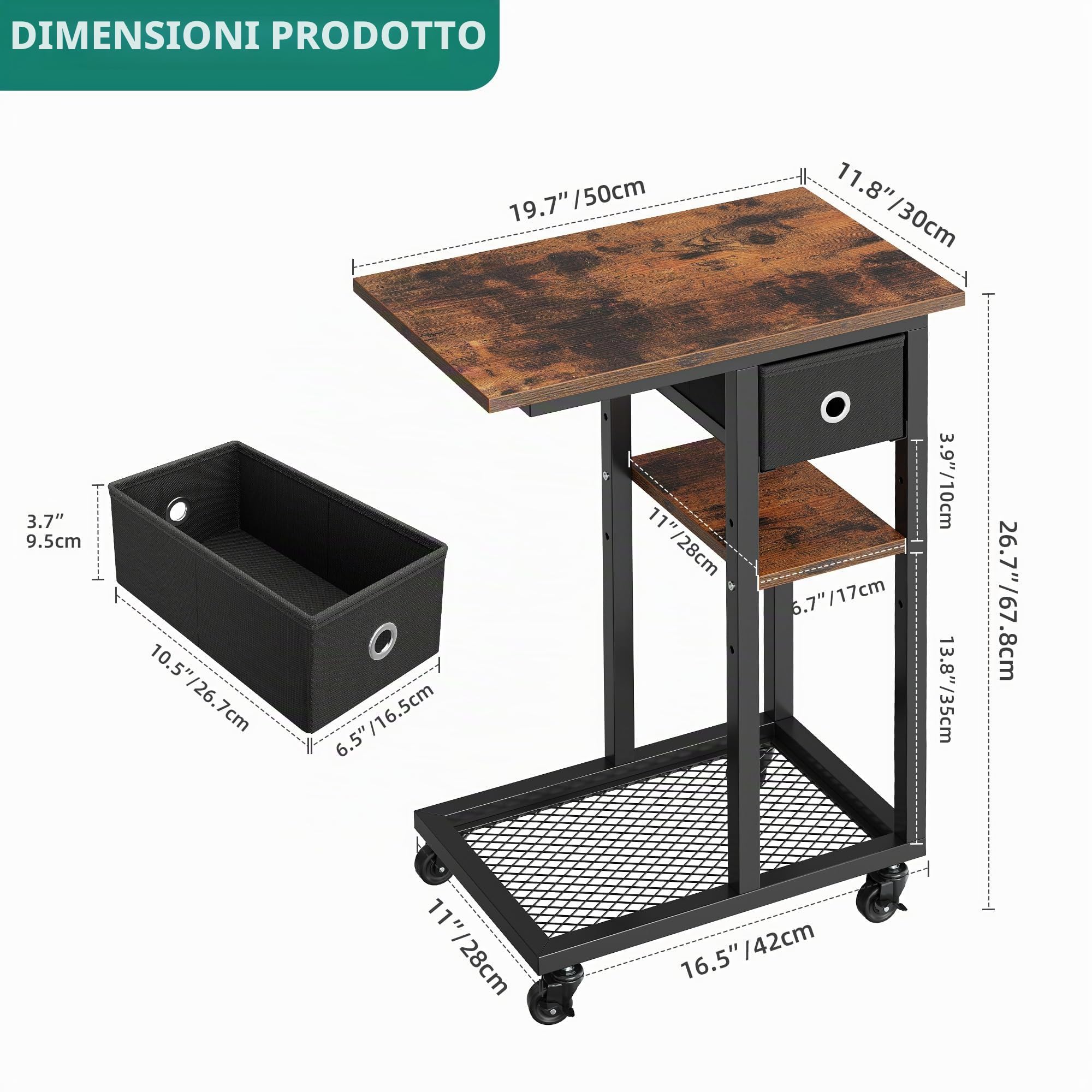YITAHOME Tavolino a Forma di C, Tavolino Laterale da Divano in Metallo con Cassetto e Ruote per Salotto e Camera, 50x30x67cm, Marrone Rustico
