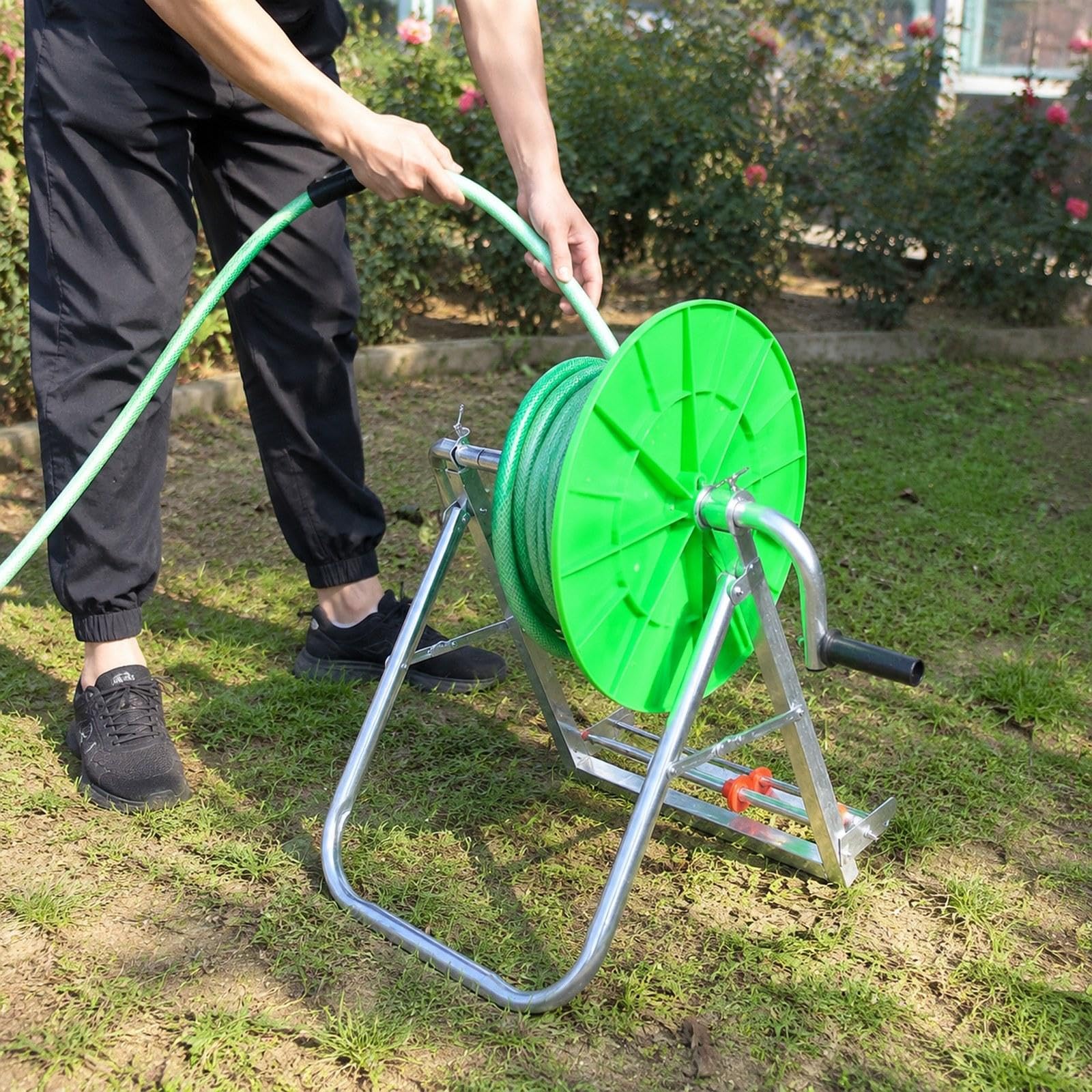 Carrello avvolgitubo per irrigazione, Supporto per Tubo dell'Acqua, attrezzo da Giardinaggio Portatile in Metallo, Organizer Stabile per Tubi, con Disco