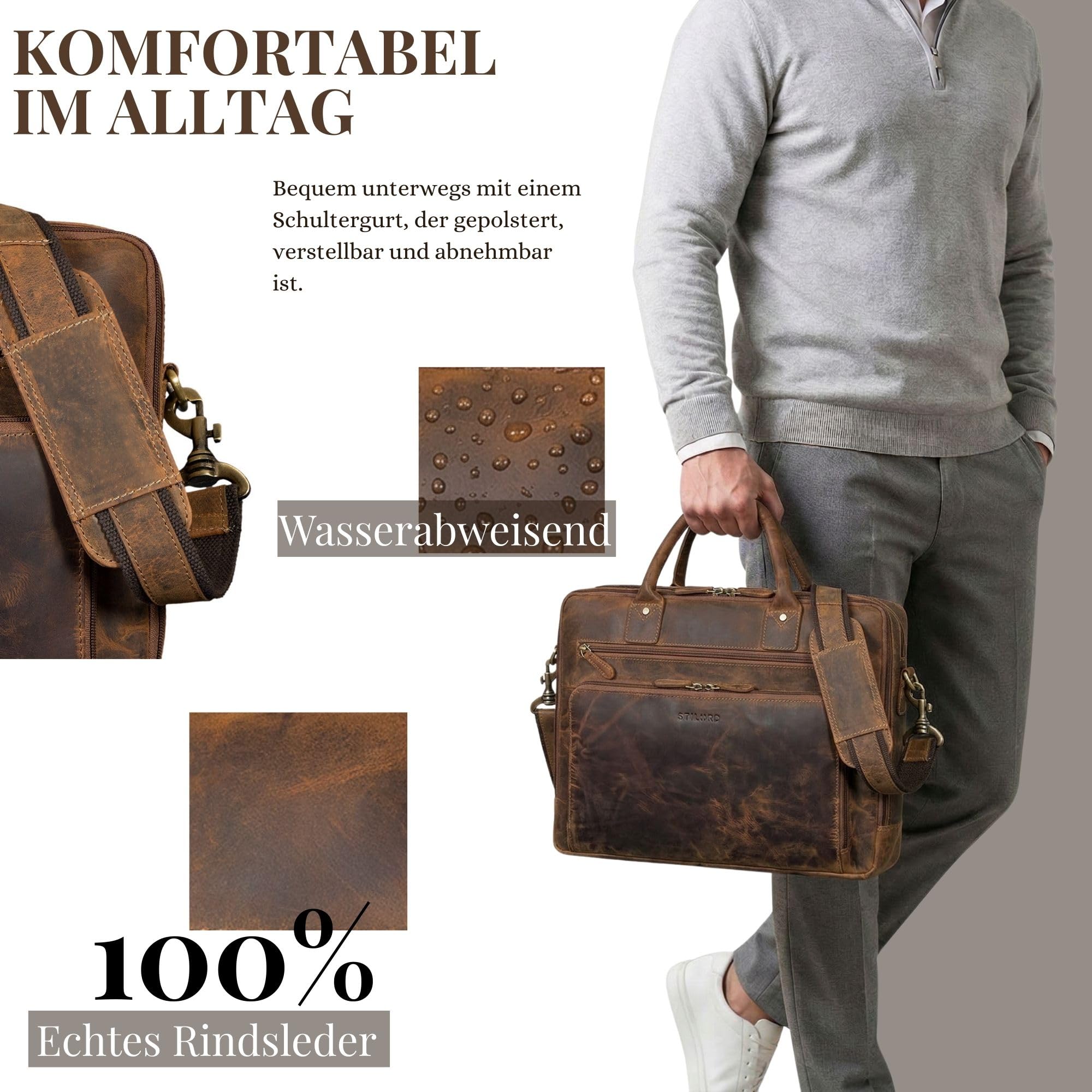STILORD "Dylan Business Aktentasche Herren Leder Groß | Premium Laptoptasche 16 Zoll Arbeitstasche Echtleder Dokumententasche A4 Ledertasche mit abnehmbaren Schultergurt Farbe:schwarz
