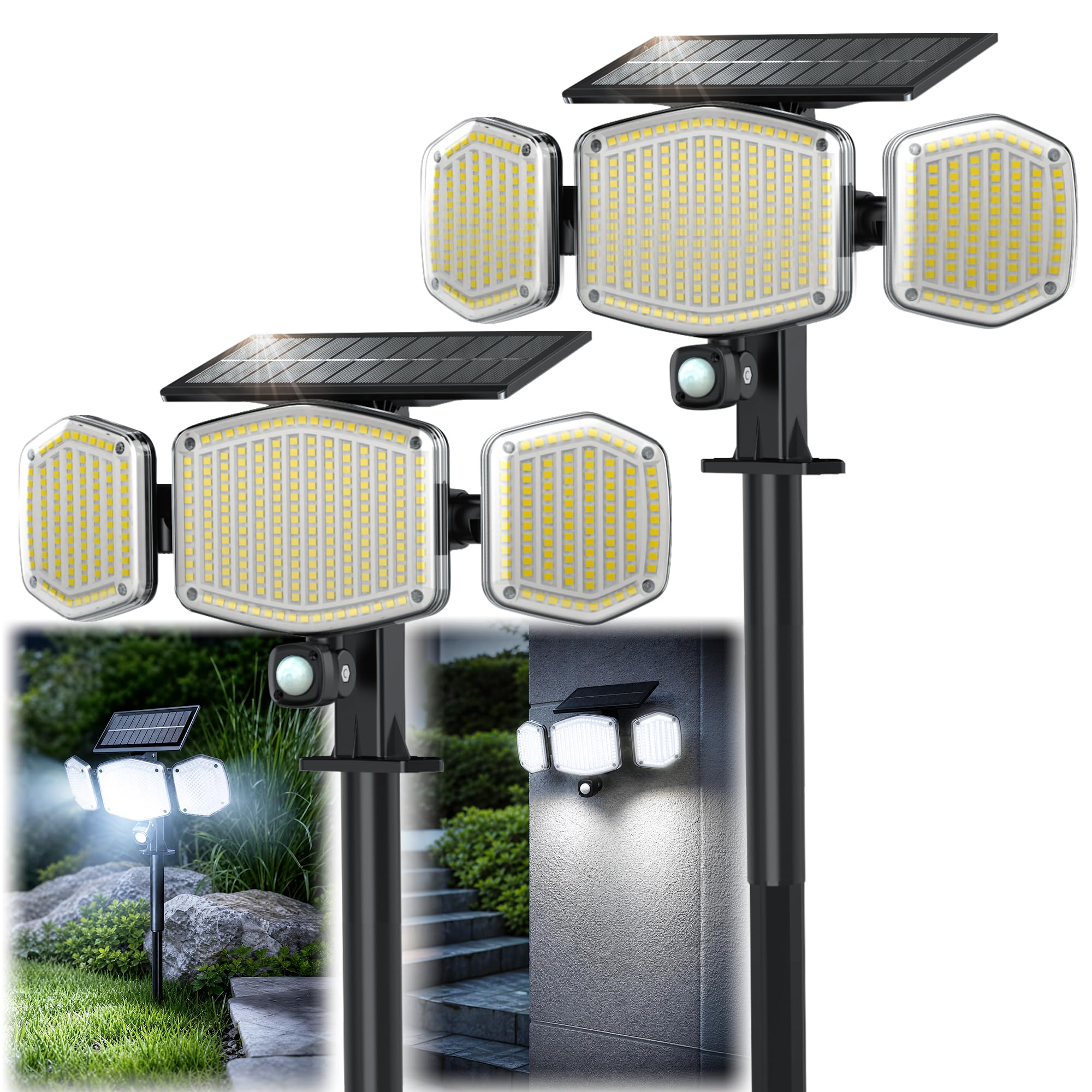 Faretto Led da Esterno Solare con Sensore di Movimento, 426 LED Luce | Faretto Led da Esterno Solare con 2000mAh 1200LM, 3 Testa 3 Modes, IP65 Impermeabile, Illuminazione a 270°, Giardino Garage