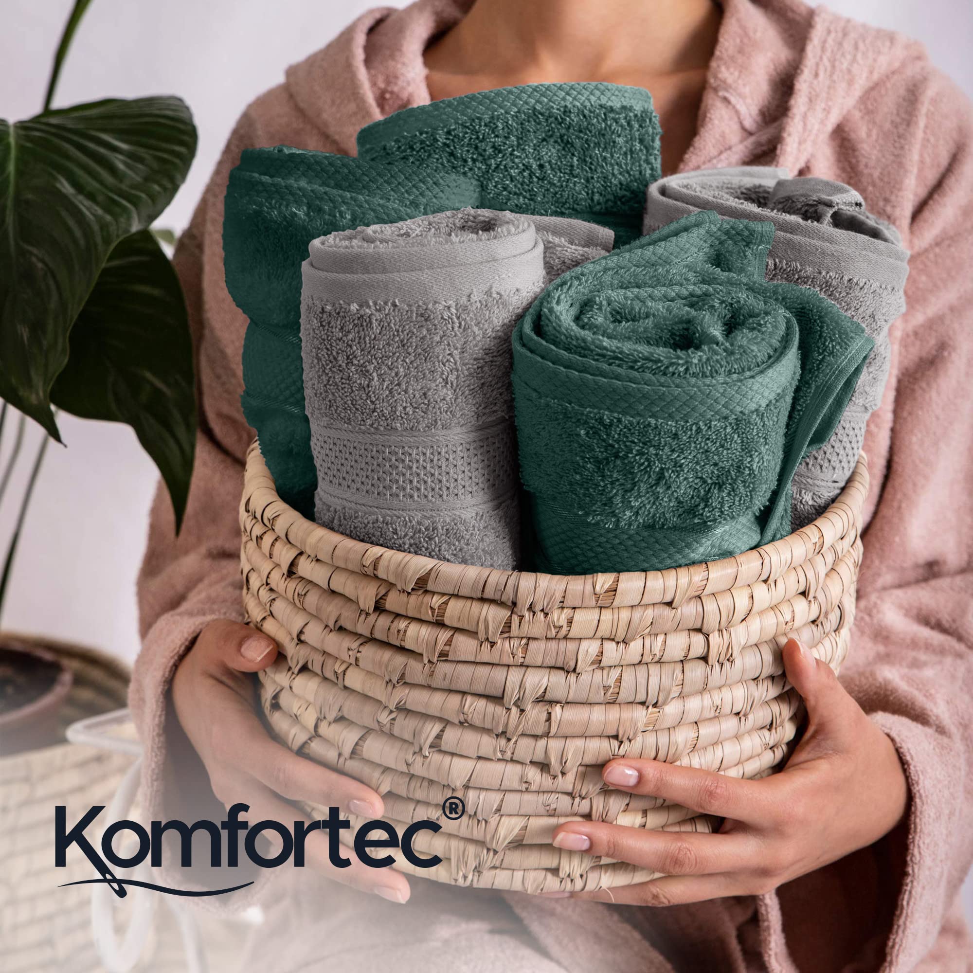 Komfortec Set di 6 asciugamani in 100% cotone, 2 teli da bagno da 70 x 140 cm e 4 asciugamani da 50 x 100 cm, spugna, morbido, antracite grigio/verde scuro