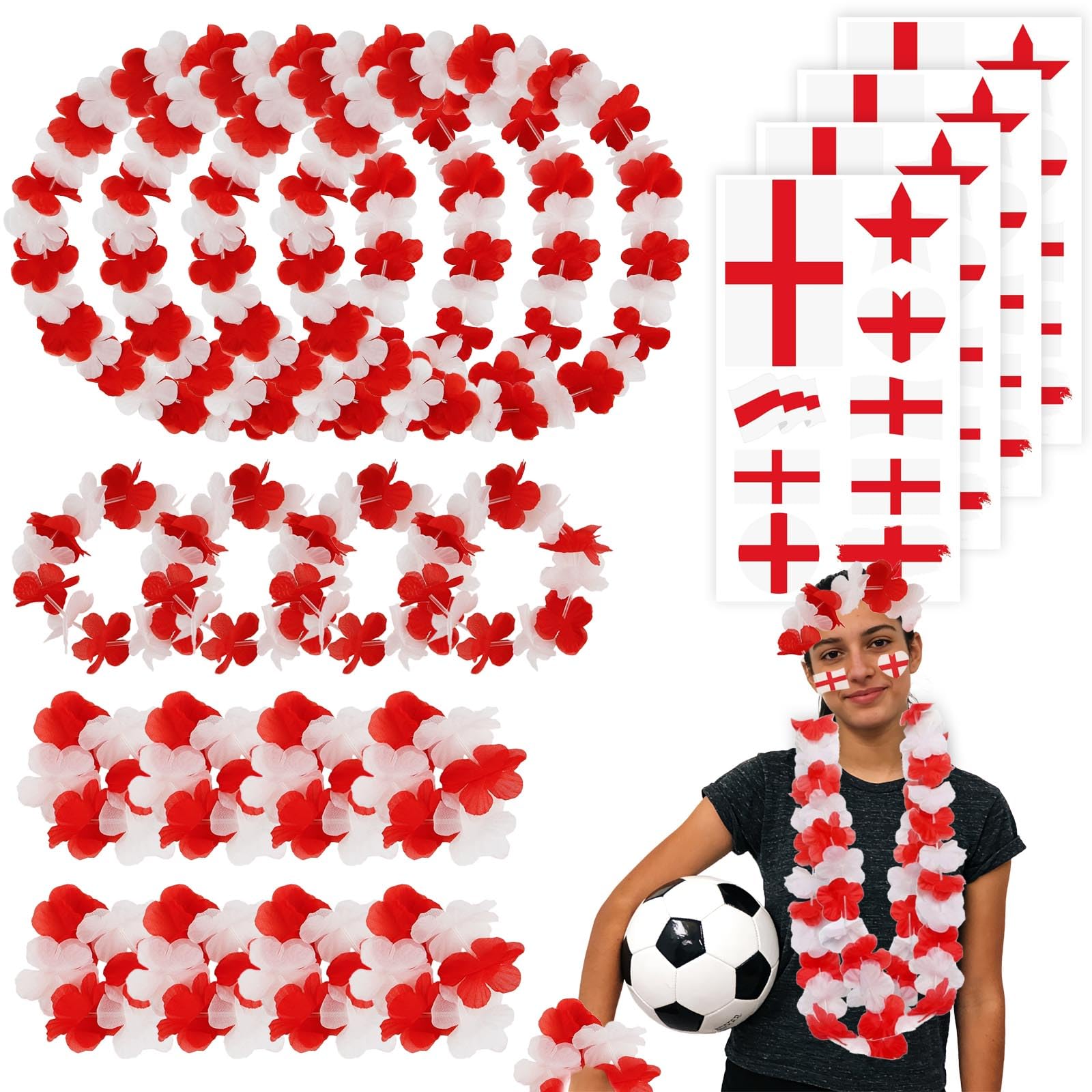 Pack of 20 England Fan Item Flower Chain, Hawaiian Fan Set England: 4 x Chains, 4 x Headbands, 8 x Bracelets & 4 x Stickers England Euro Football Euro Fan Photo Props Flower Chain