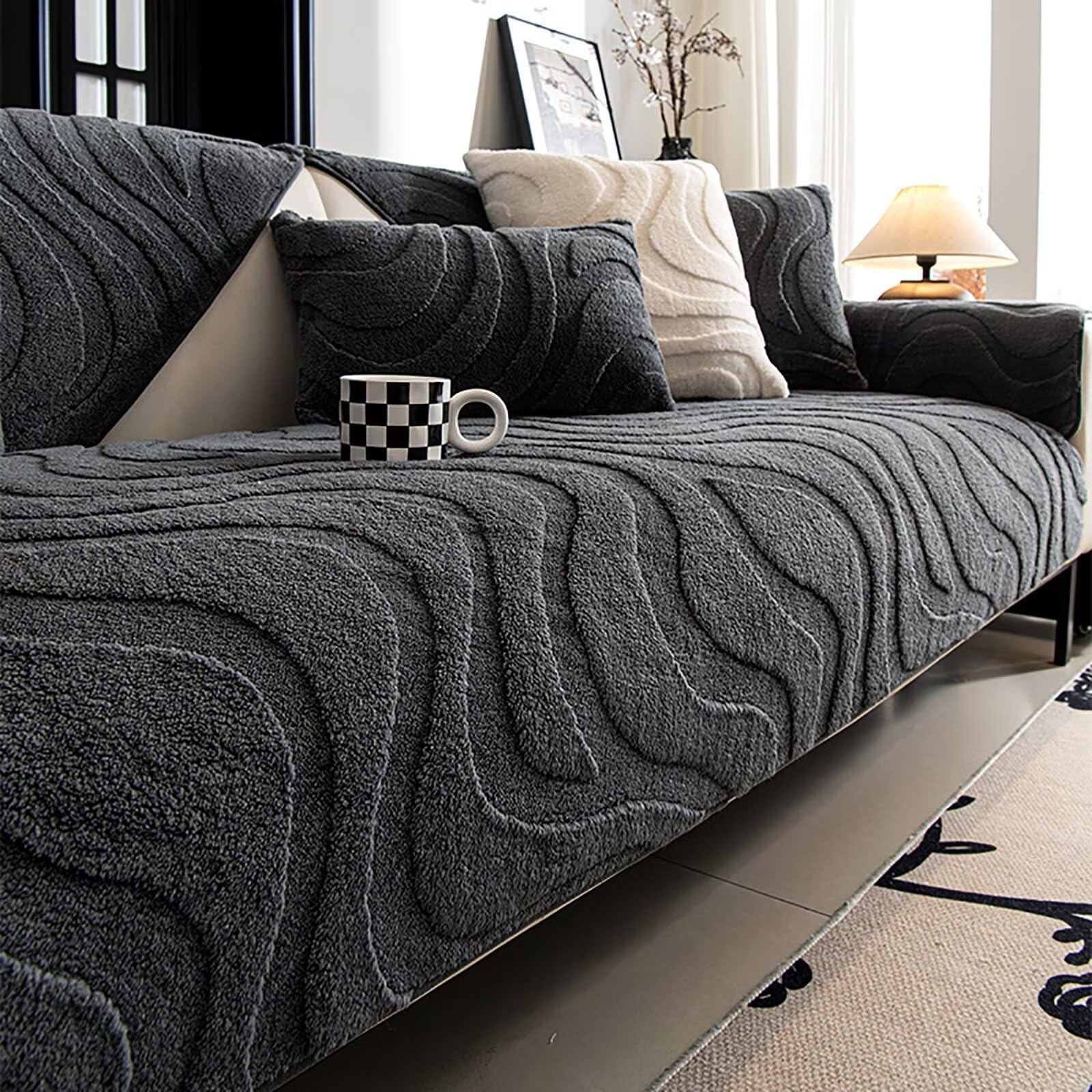GuihcdknfuS Sofa Covers Washable, Plush Stripe Couch Cover for Sofas, Non Slip Couch Cover, Settee Covers L Shape, Sofa Slipcover for Pet Dog Furniture Protect, dark gray, 110 * 210cm