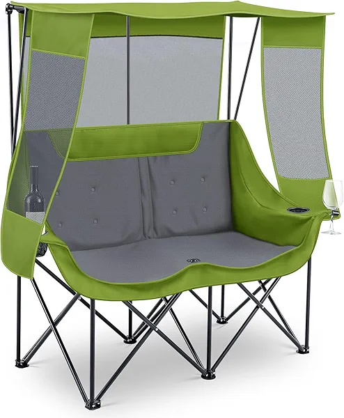 Teenyyou Double Camping Chair with Canopy Shade Oversized 2 Person Camping Sofa Fully Padded Folding Loveseat with Cup Hold and Storage Bag Sturdy for Lawn Beach Fall Outdoor Activities(Dark Green)