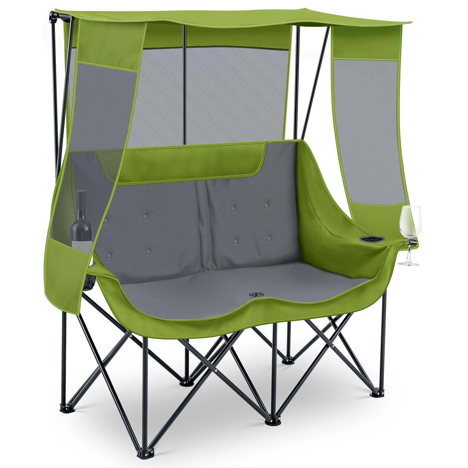 Teenyyou Double Beach Camping Chair with Canopy Shade 600lbs Heavy Duty Loveseat, Portable Folding 2 Person Camping Chair with Cup Holder and Storage